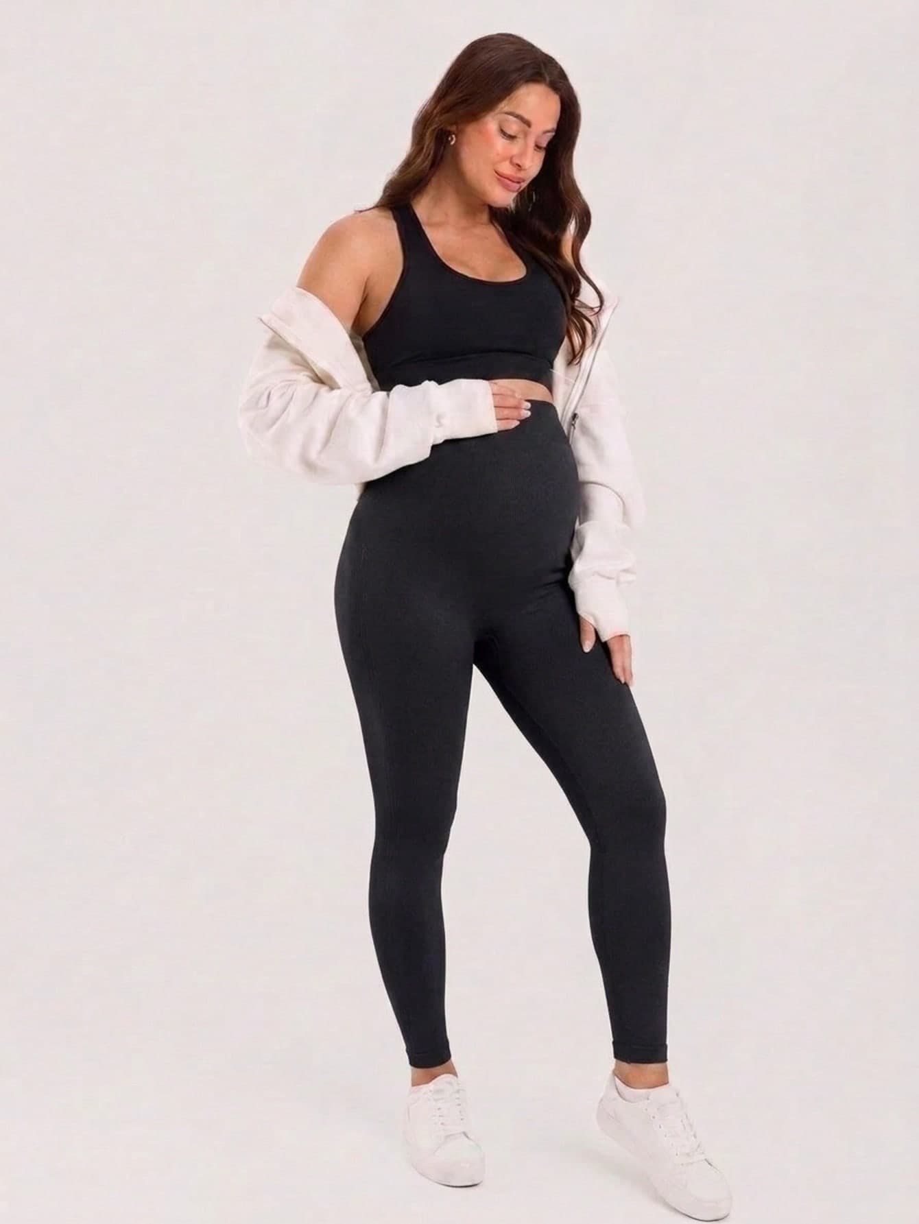 2pcs Solid Color Simple Casual Maternity Sportswear Maternity Solid Color Back Hollow Tank Top And Leggings Casual Sportswear Set Black