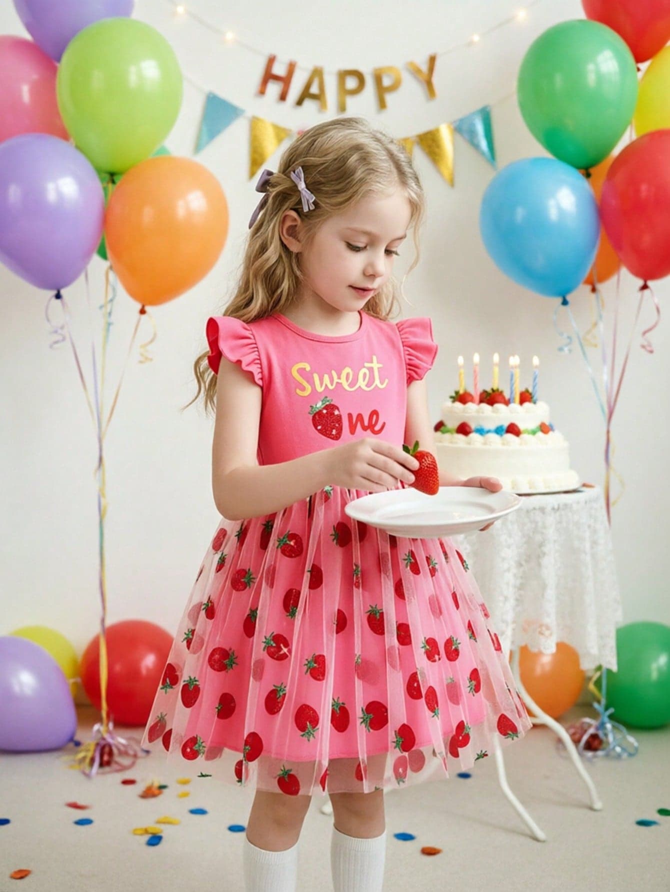 Young Girl Strawberry Printed Flutter Sleeve Casual Dress With Mesh Splicing