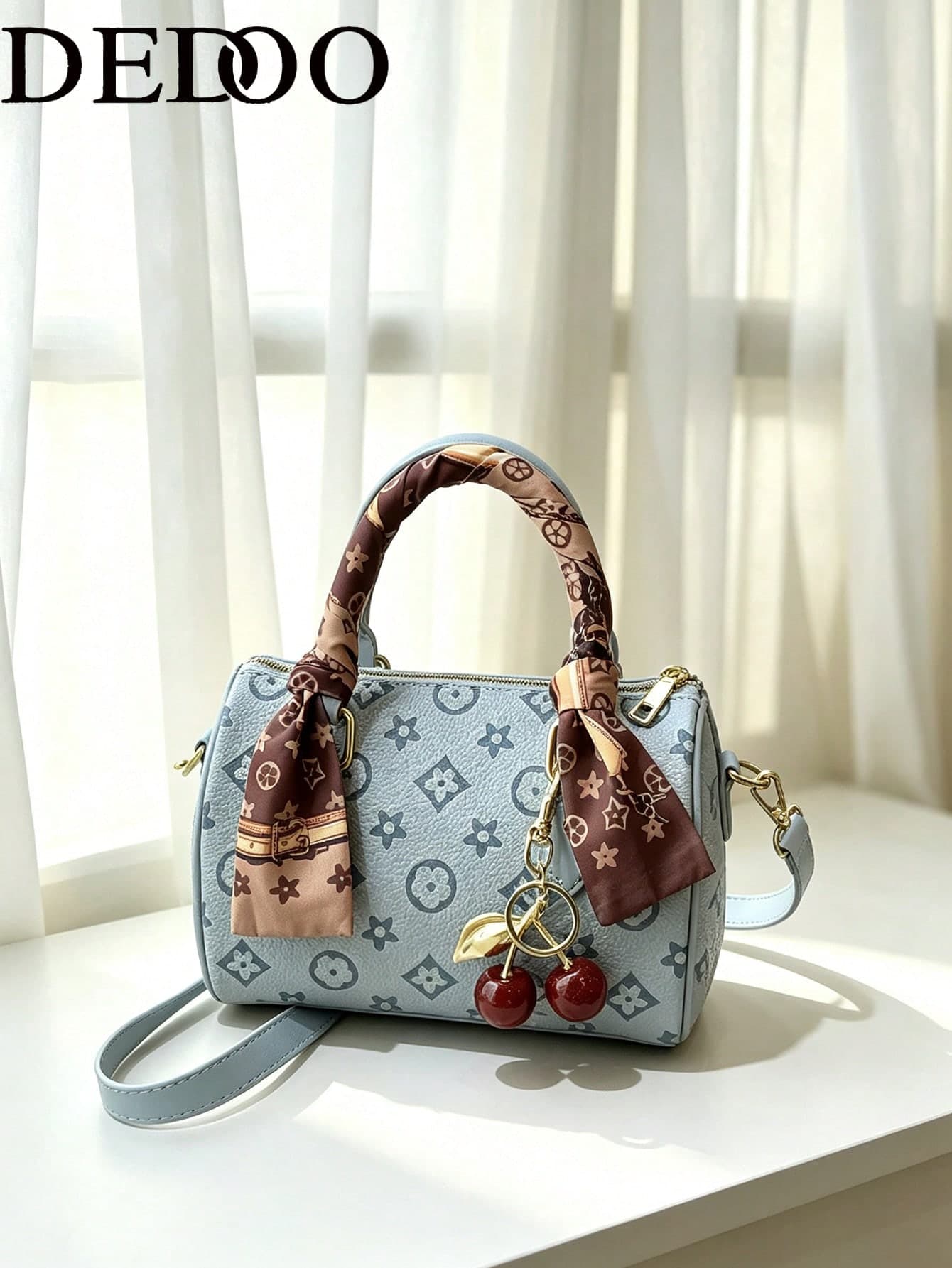 Dedoo Vintage Printed Mini Barrel Handbag With Scarf Decoration, Detachable Shoulder Strap, Women's Multi-Functional Shoulder Crossbody Bag (Scarf/Cherry Style, Random Color)
