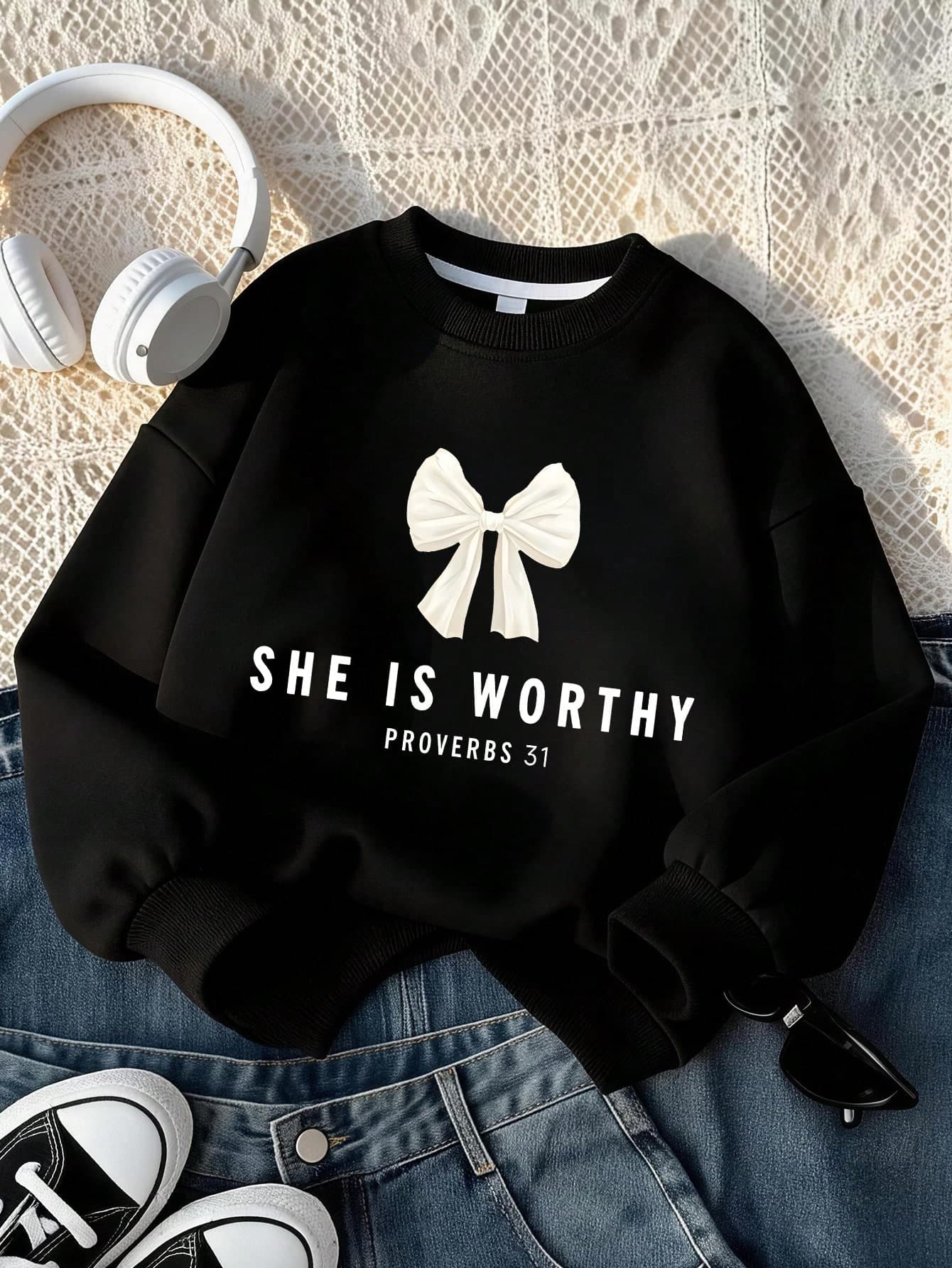 Youth Fashion Bow & Letter Print Crew Neck Sweatshirt, Suitable For Autumn/Winter Wear, Teen Girls Style