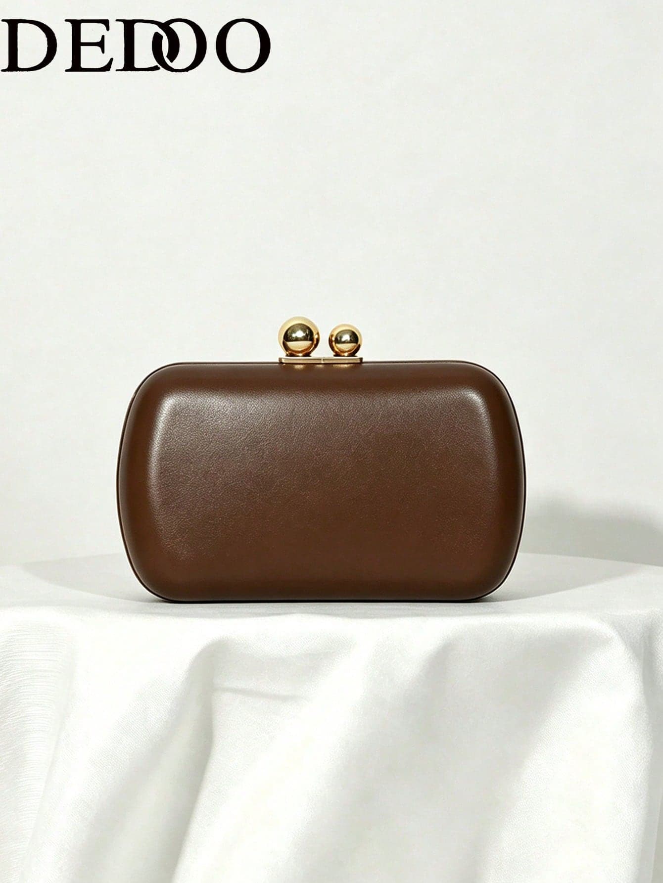 Minimalist Luxury Elegant Box Clutch, Solid Matte Gold, Double Ball Lock, Metal Chain Shoulder Crossbody Bag