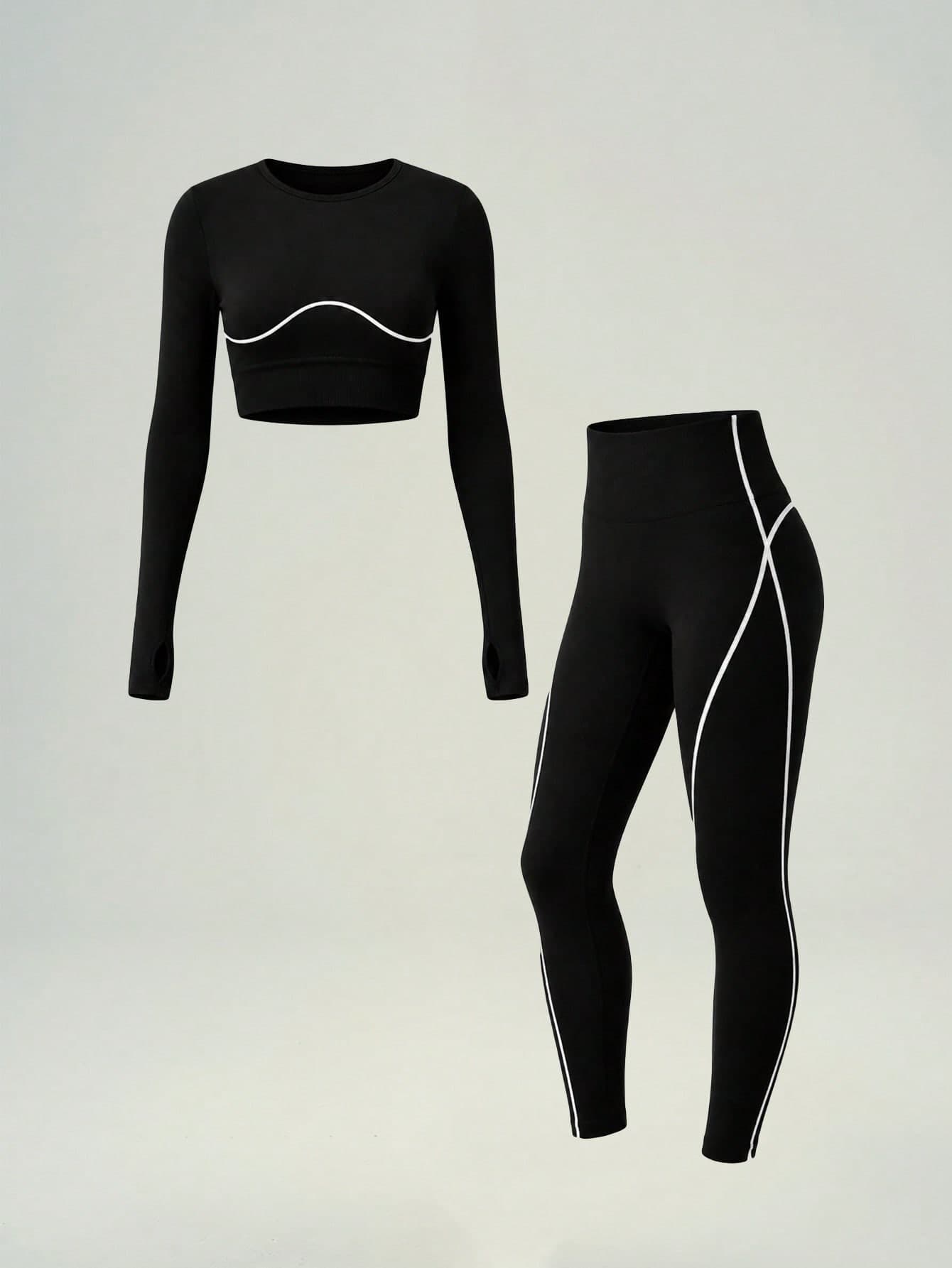 UONNOU 2pcs Women's Sports Shaping Set, Peach Hip Lift, Colorblock Thumb Hole Cropped Top & High Waist Hip Lift Leggings, Fitness Casual Sports Outfit, Autumn/Winter