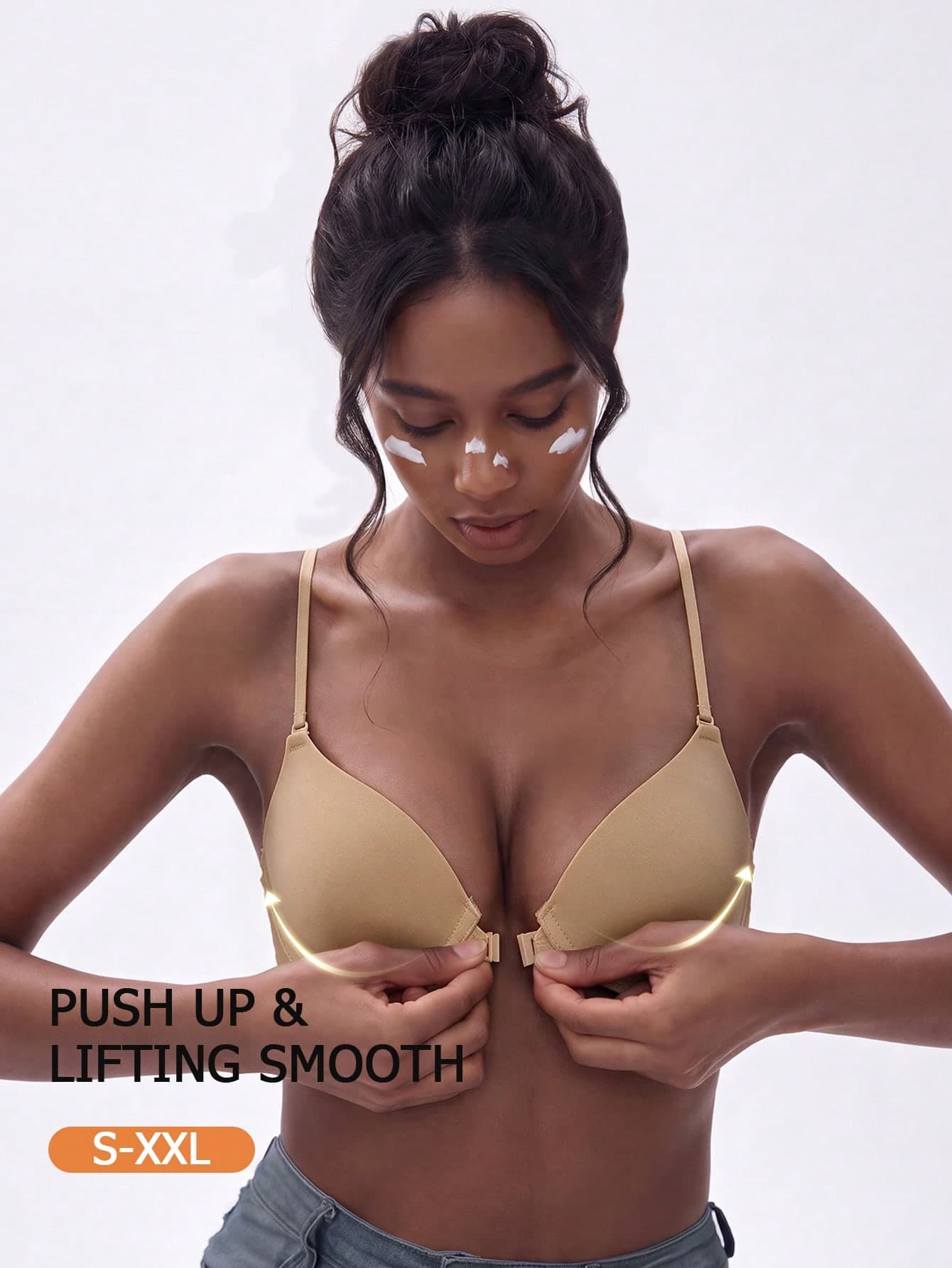 Women's Solid Color Front Closure Underwire Bra, Black Backless Push-Up Bra, Front Closure Design, Medium Elasticity Fabric, Casual Style
