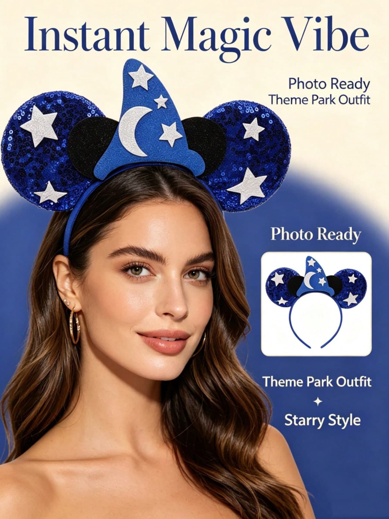 Disney-Inspired Sorcerer Mickey Mouse Ears Headband | Blue Sequin Hairband With Star & Moon Wizard Hat For Theme Park & Party