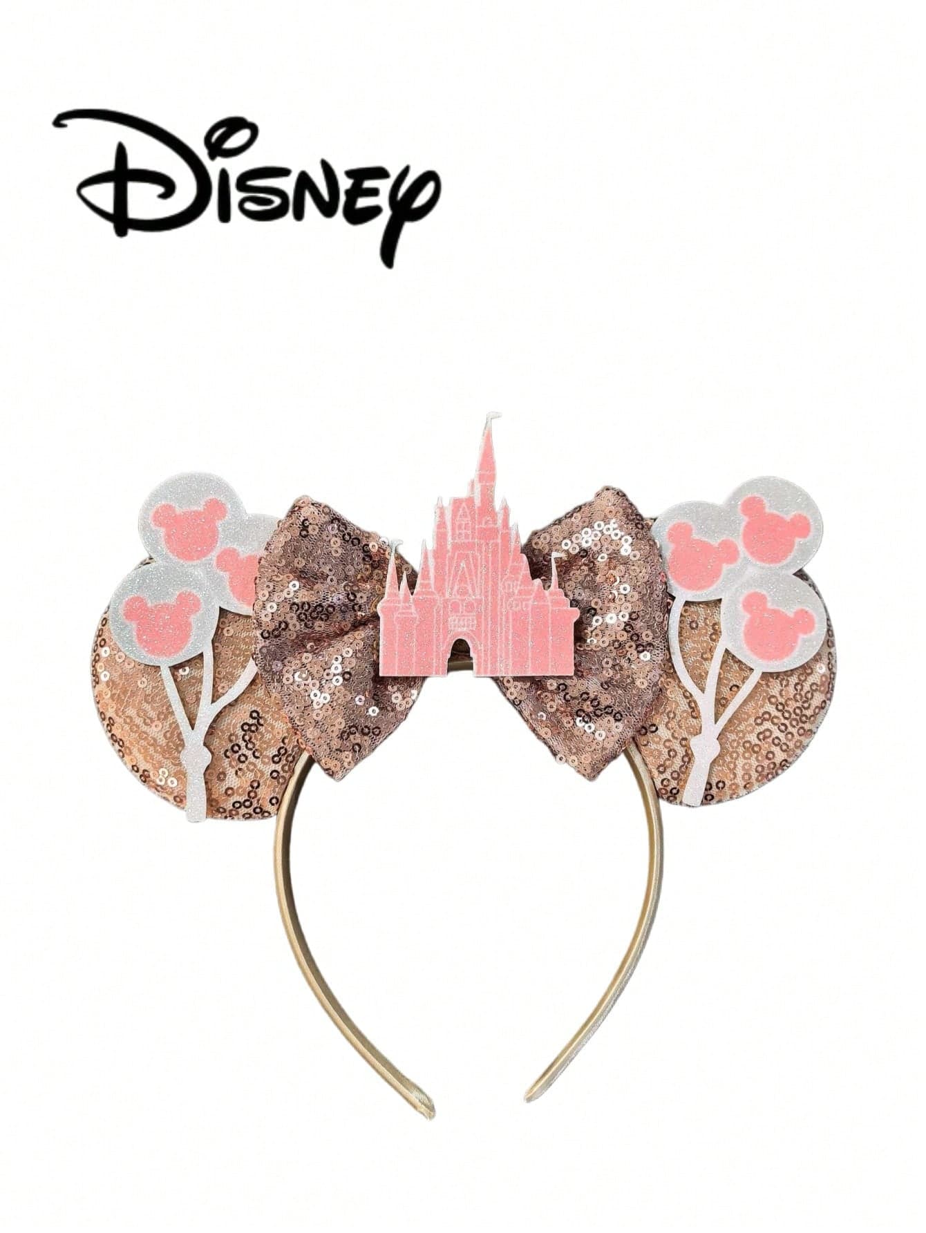1pc Disney Cartoon Sequin Pink+Orange Amusement Park Theme Series Mickey Minnie Ears Sequin Bow Headband, Stage Performance Costume Hair Accessory, Holiday Party Birthday Party Theme Mickey Headband, Suitable For Festival Parties