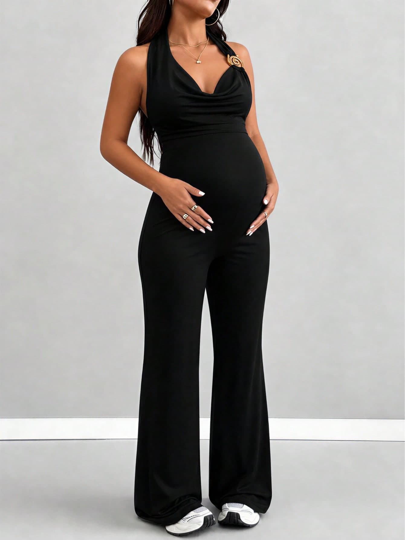 Parara Maternity Halter Neck Jumpsuit, High Elasticity One-Piece, Comfortable And Fashionable Maternity Jumpsuit Black