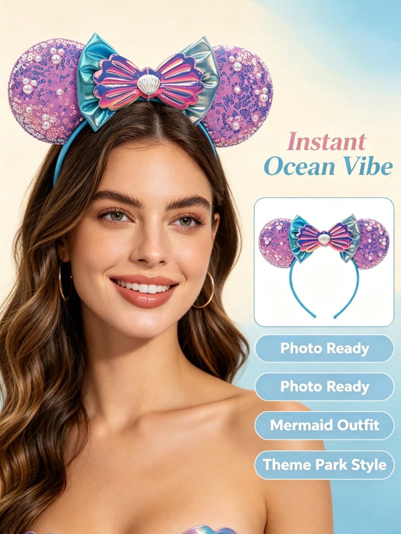 Disney Style Mickey Mouse Ears Headband - Purple Gradient Sequins + Seashell Accents