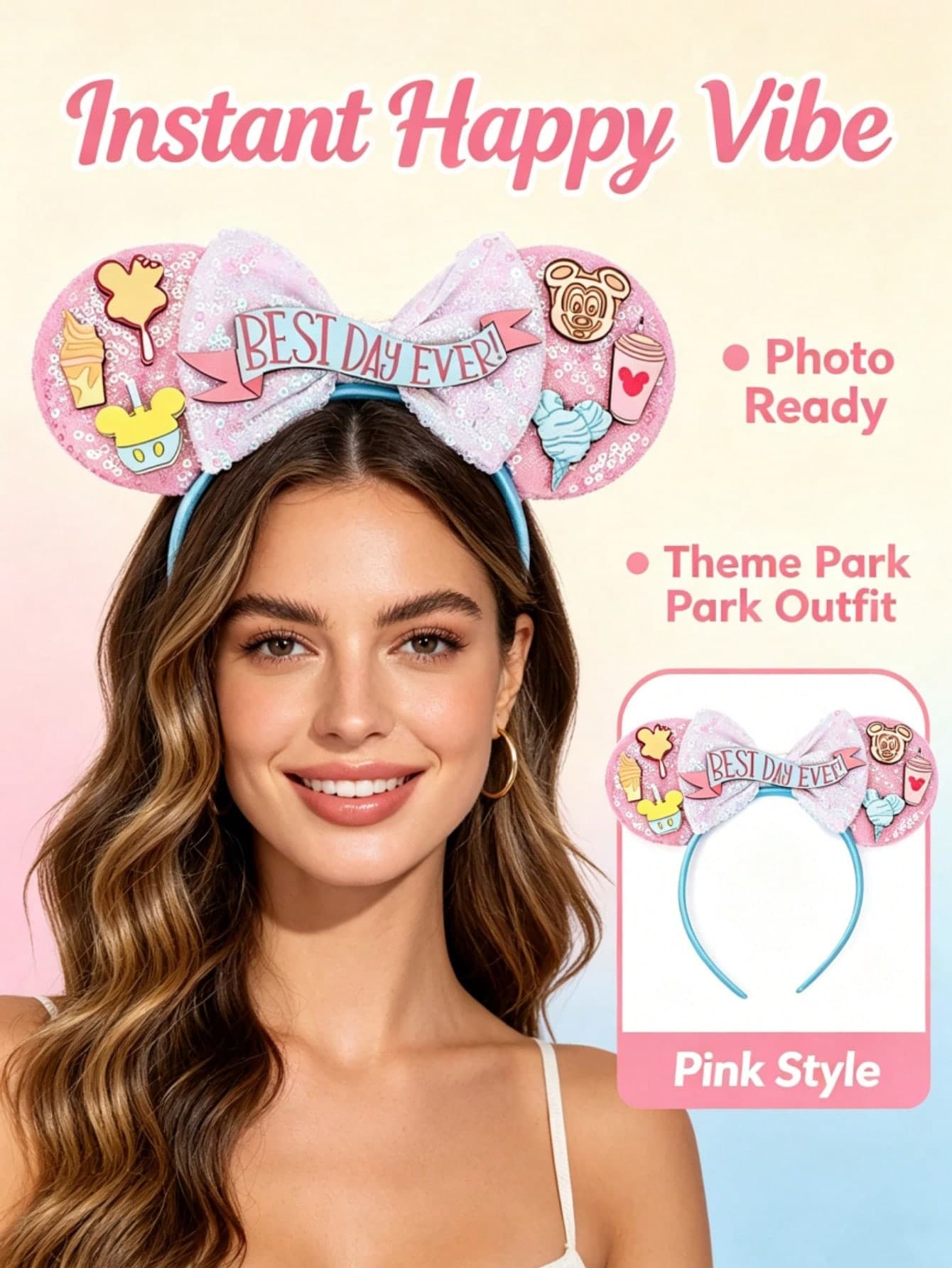 Disney Colorful Tulle Bow Headband, Ice Cream Dessert Patchwork Sequin Ear Accessories, Park Travel Outfit Hair Accessory