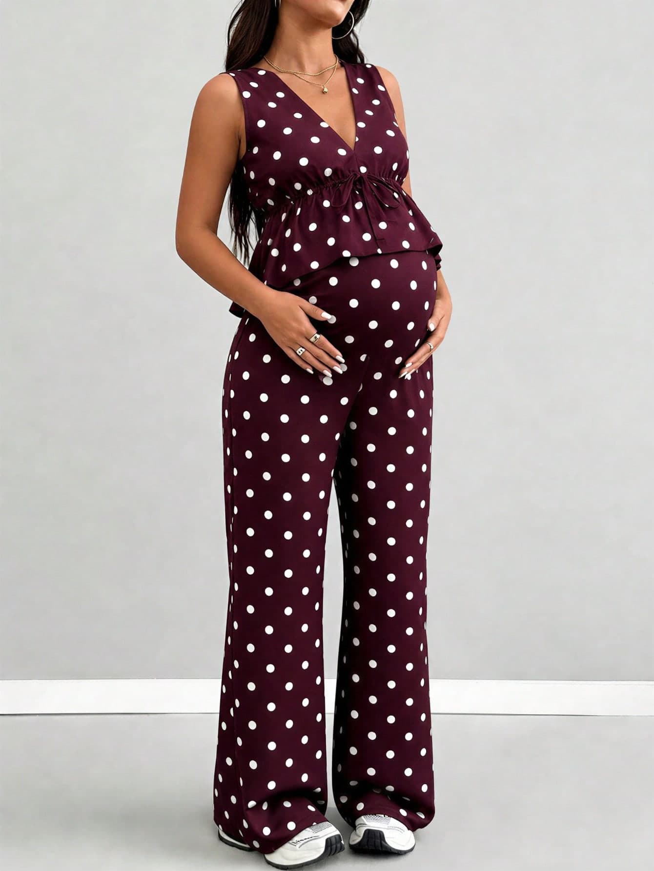 Parara Elegant Maternity 2-Piece Polka Dot Jumpsuit, V-Neck Tie Casual Party Outfit Vacation