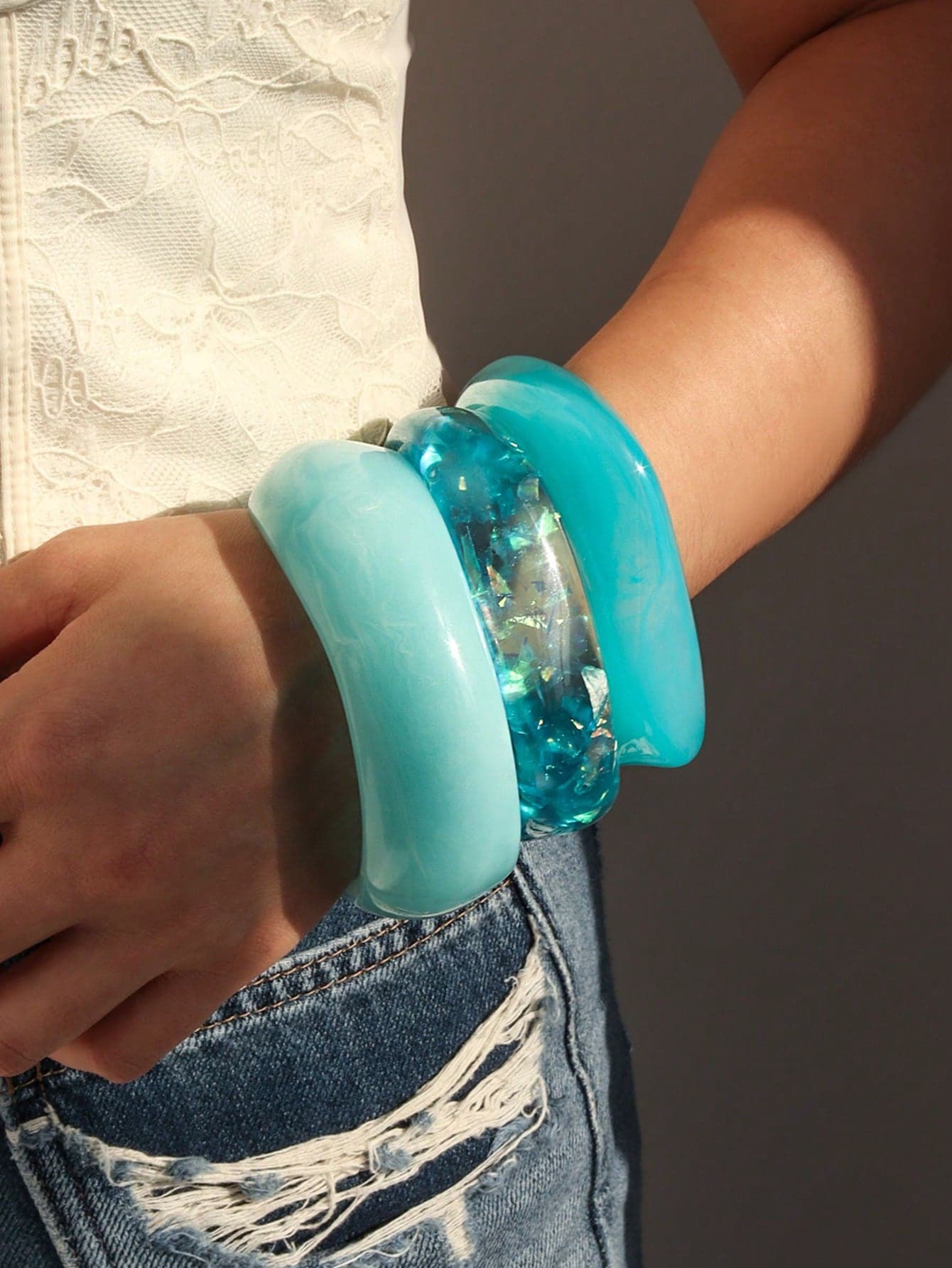 3pcs Blue Ocean Style Acrylic Bracelet Set, Elegant Minimalist Women's Bangles, Suitable For Daily Wear And Vacation