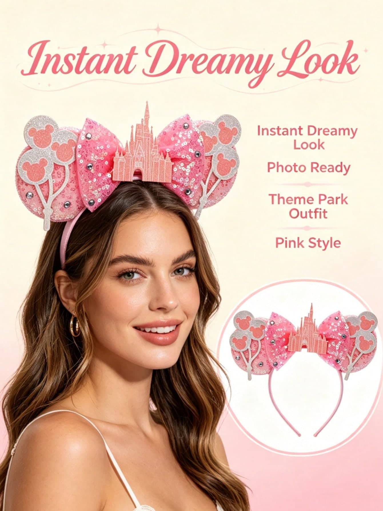 Disney Style Pink Castle Mickey Ears Headband | With Balloon Pattern Sequin Headband Suitable For Theme Parks And Parties