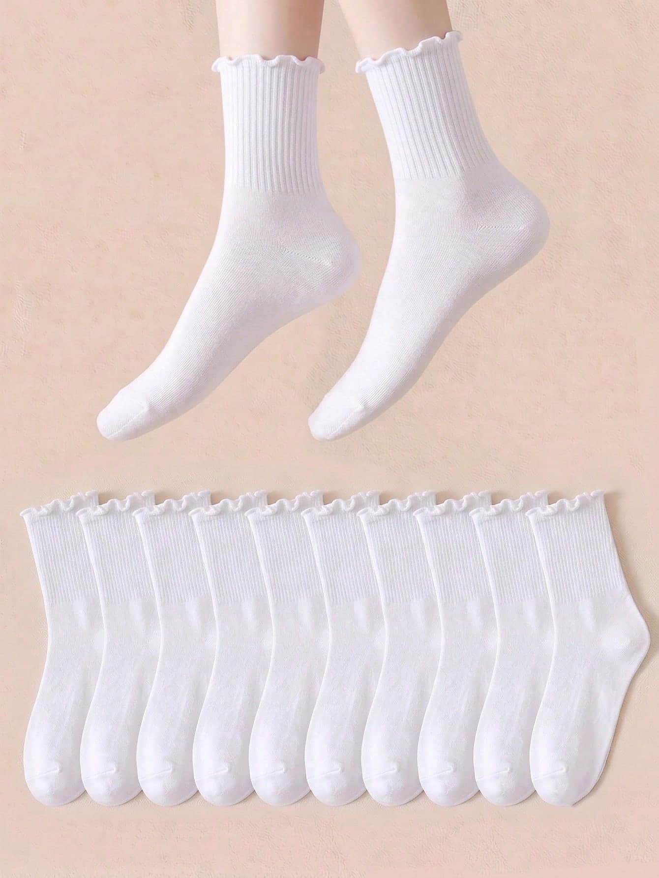 5/10/20 Pairs Women's Ruffle Pleated Lace White Socks, Soft Breathable Long Socks, Tights, Suitable For Daily, Holiday, Outdoor Wear, All Seasons, Pair With Loafers, Casual Shoes, 36-42