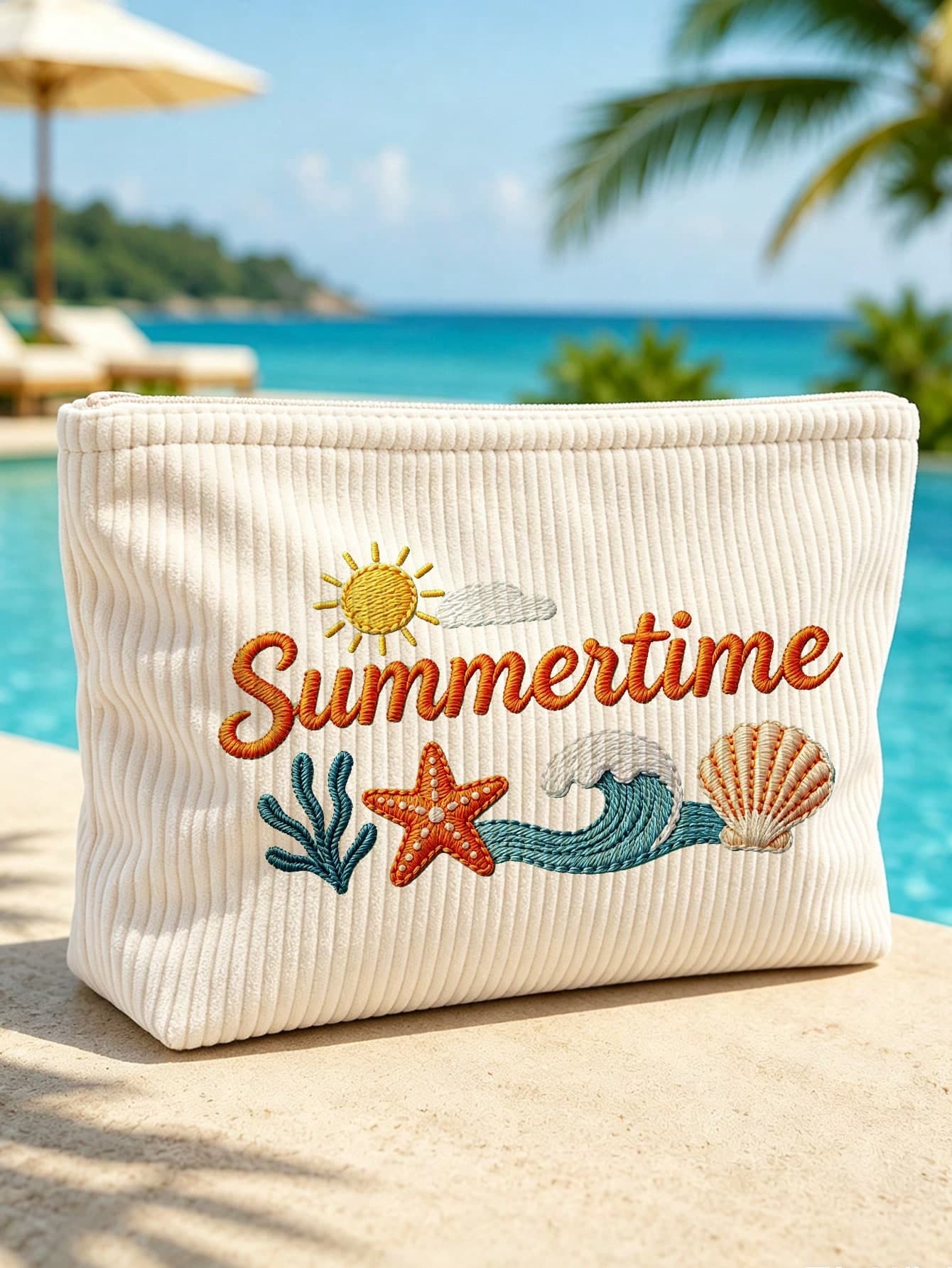 New Summer Time Pattern Corduroy Makeup Bag | Shell Print Cosmetic Storage Bag | Summer Print Travel Organizer Bag | Travel Essential | Poolside Companion | Toiletry Bag | Pool Storage Bag | Mother's Day Gift | Teacher's Day Gift | Suitable For Mom, Teacher, Friend And Nurse | Summer Beach Bag | Home Essential | Easy To Clean Design | Portable Makeup Box