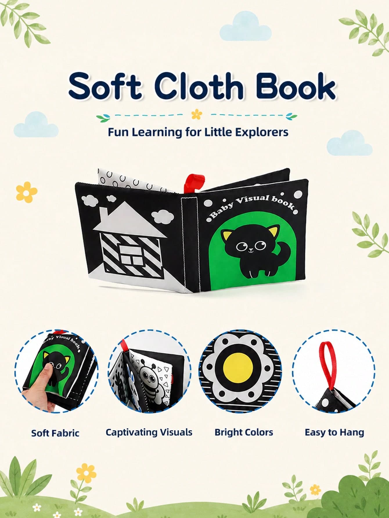 Infant Black & White Visual Cloth Book, Untearable & Chewable Early Education Enlightenment Toy, Back To School Gift, June 1st, Christmas, Newborn Gift, Back To School, Halloween, Christmas Children's Toy, Infant Toy Birthday Gift