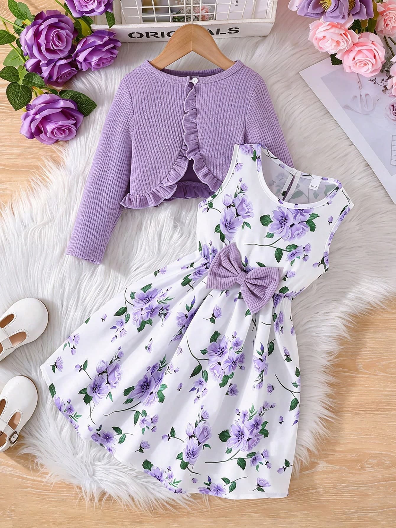 2pcs/Set Young Girl Fashion Jacket & Embroidered Mesh Slip Dress Formal Outfit, Spring & Fall