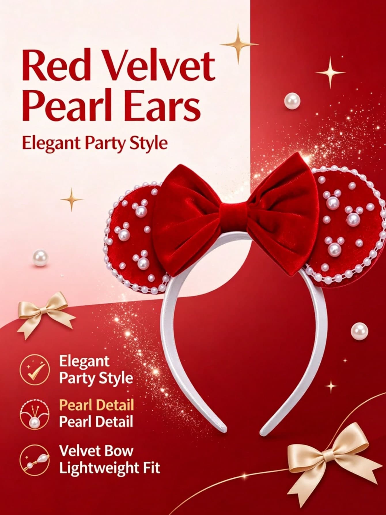 Disney Minnie Mouse Headband With Pearl Decor Bow, Theme Park Photo Accessory