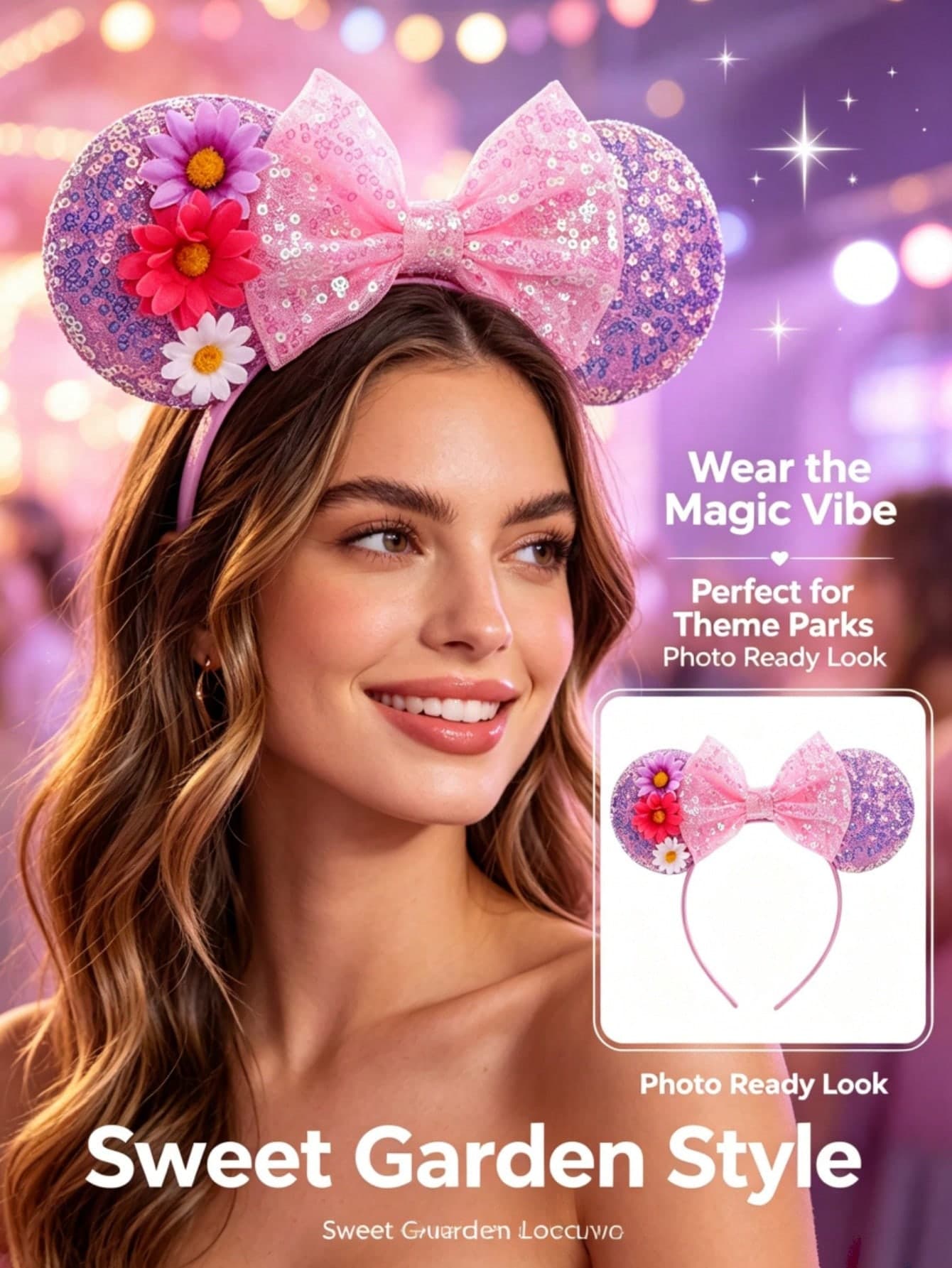 Spring Garden Limited | Disney Pink-Purple Gradient Daisy Mickey Headband, Iridescent Sequin Picnic & Park Headpiece
