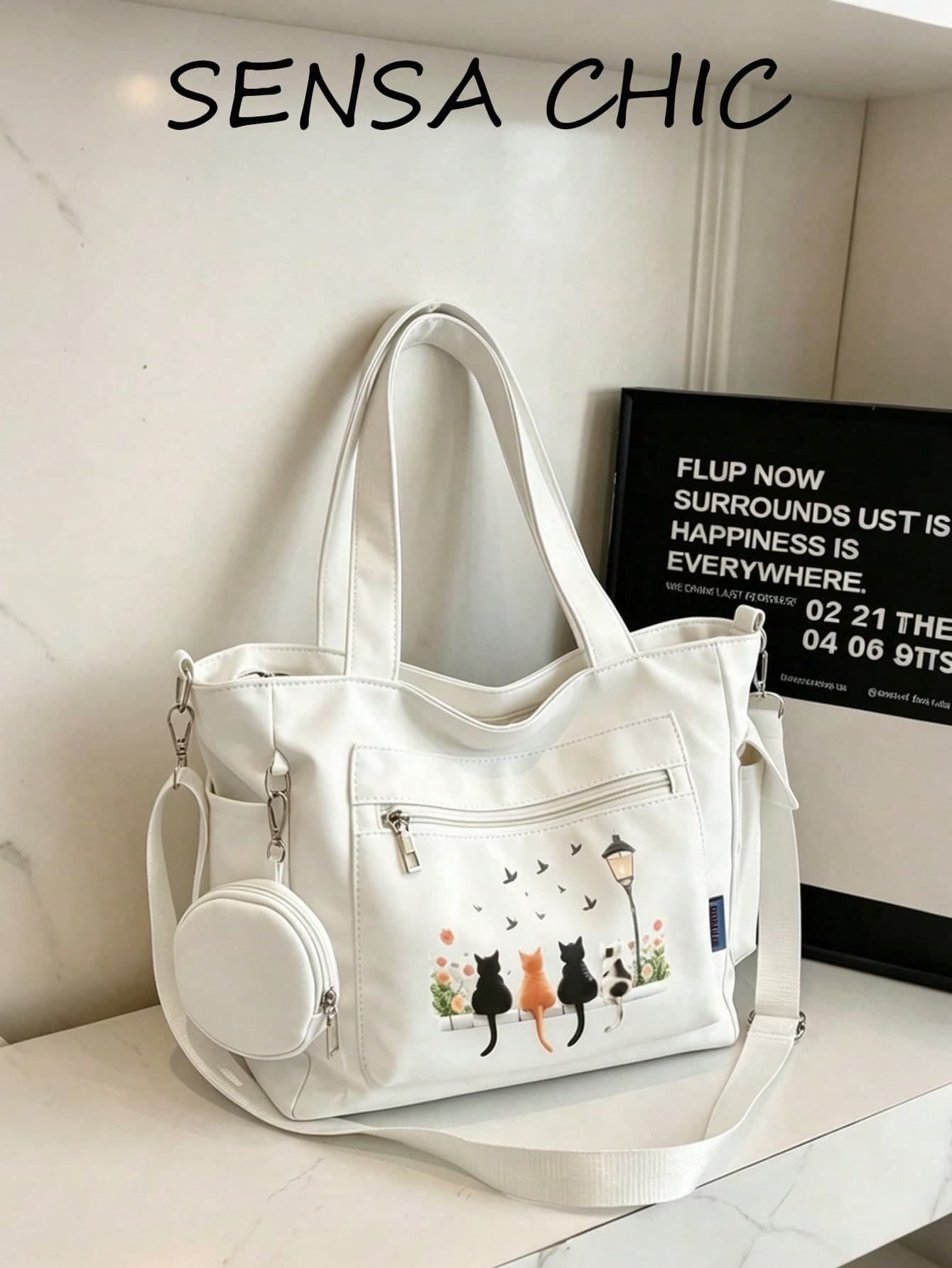 Cute Cat & Floral Pattern Multi-Pocket Shoulder Bag, Adjustable Wide Strap Crossbody Bag, Soft Casual Tote Bag, Suitable For Daily Commute
