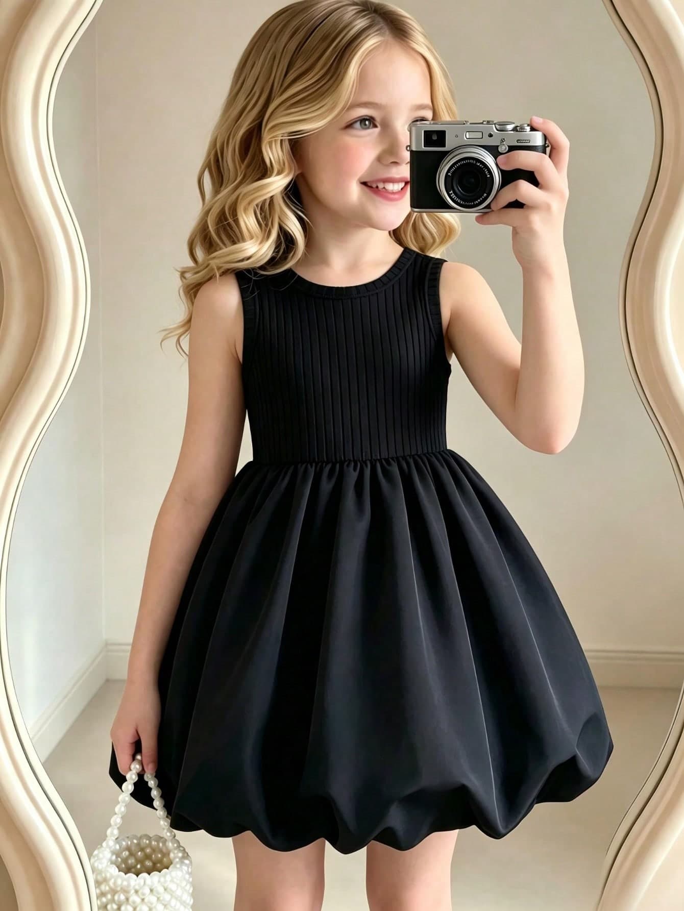4-7 Years Old Girls Cute Sweet Sleeveless Dress, Top In Ribbed Knit Fabric For Comfortable Fit, Fluffy Bubble Skirt For Playful Princess Vibe, Suitable For Daily Wear, Pool Party And More