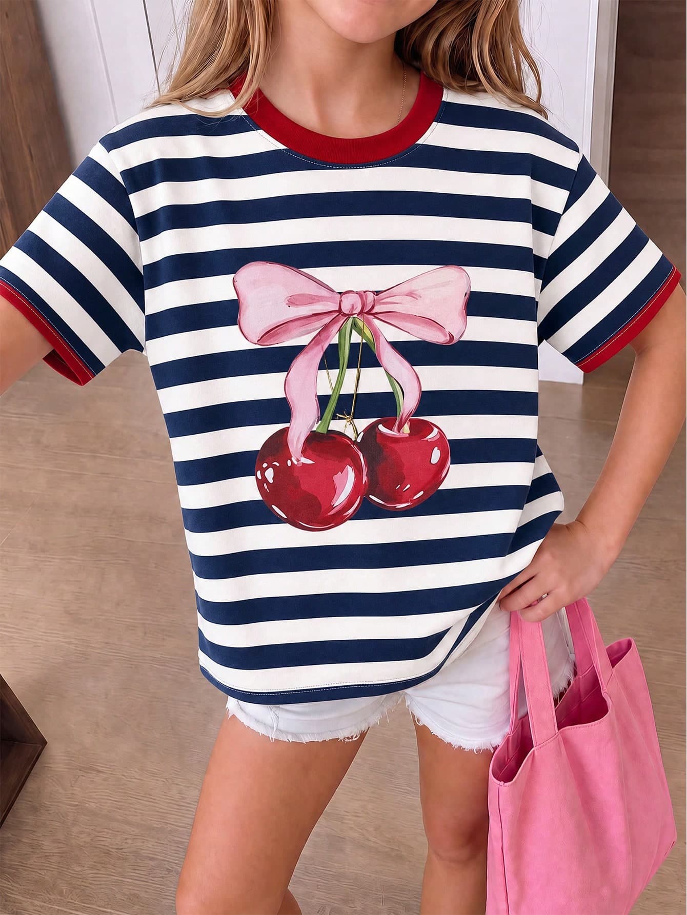 Pink & White Colorblock Striped Short Sleeve T-Shirt For Women, Rhinestone Large Bow & Star Print Cropped Top, Sweet Girl Style, Youthful Casual Versatile Half Sleeve