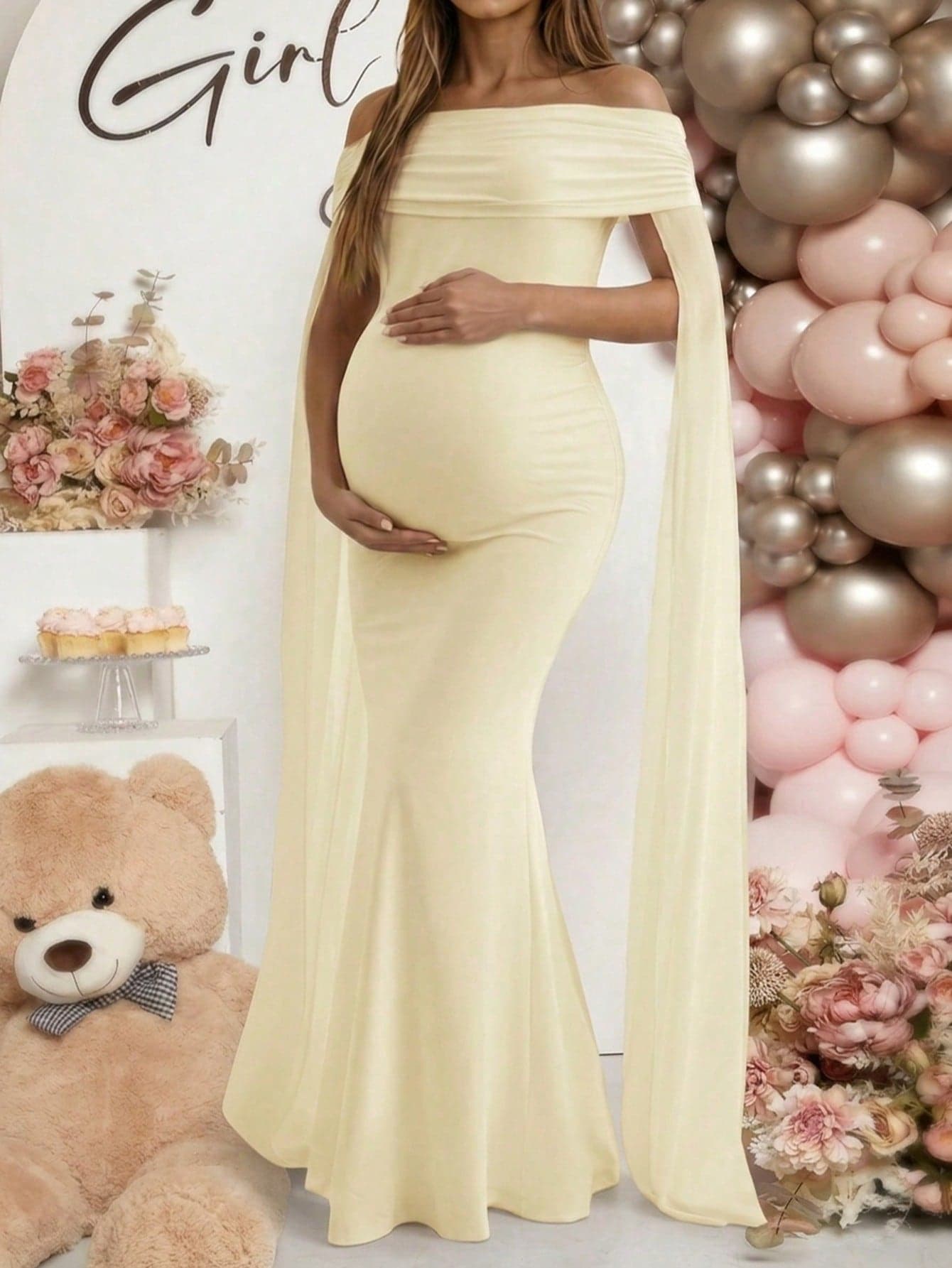 Apricot Maternity Off Shoulder Sleeveless Sheer Knit Mermaid Long Evening Dress, Elegant Maternity Photography, Wedding Guest, Party Dress