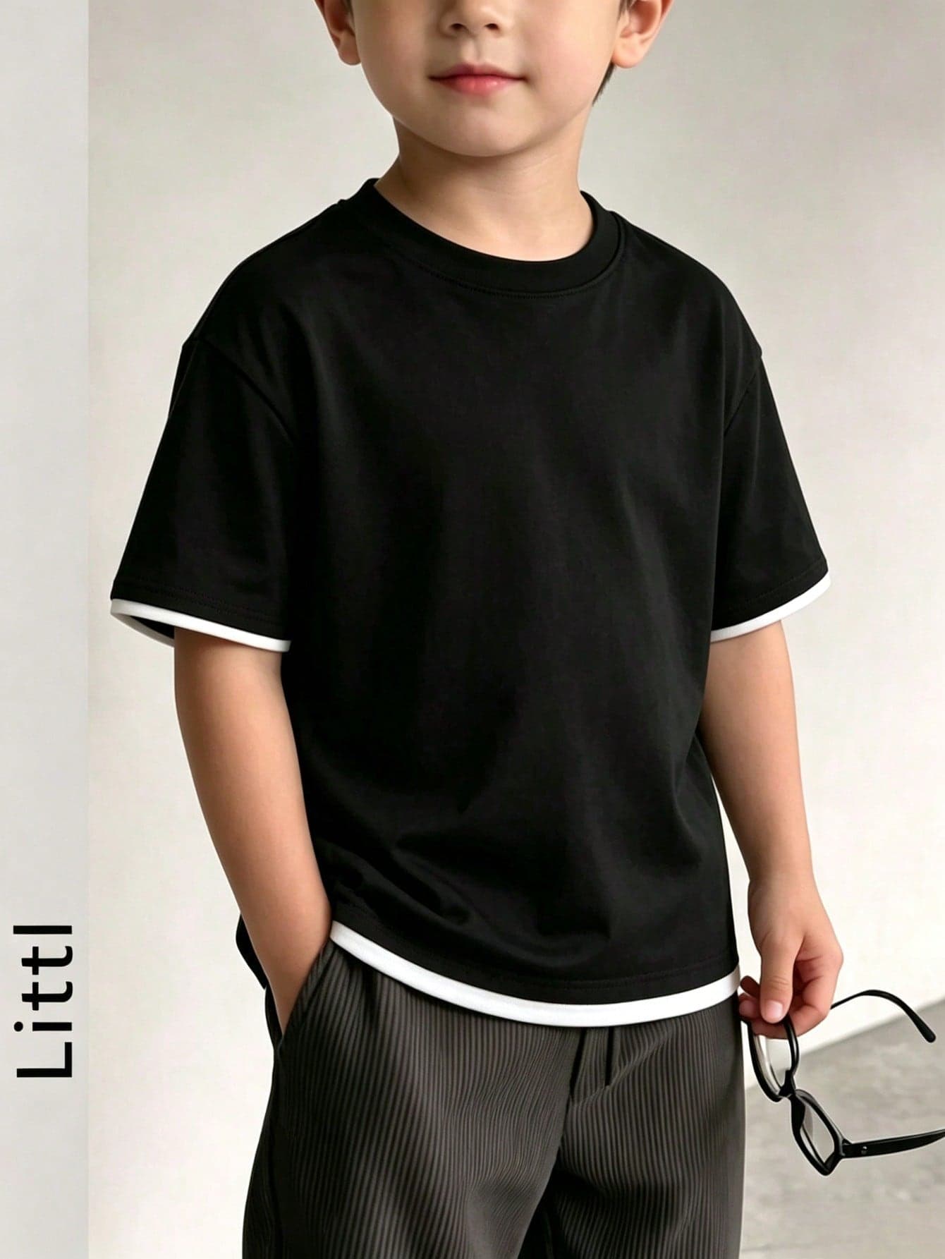 Boys Colorblock White Sleeve Pure Black Short Sleeve T-Shirt, Minimalist Round Neck Loose Fit Basic Kids T-Shirt