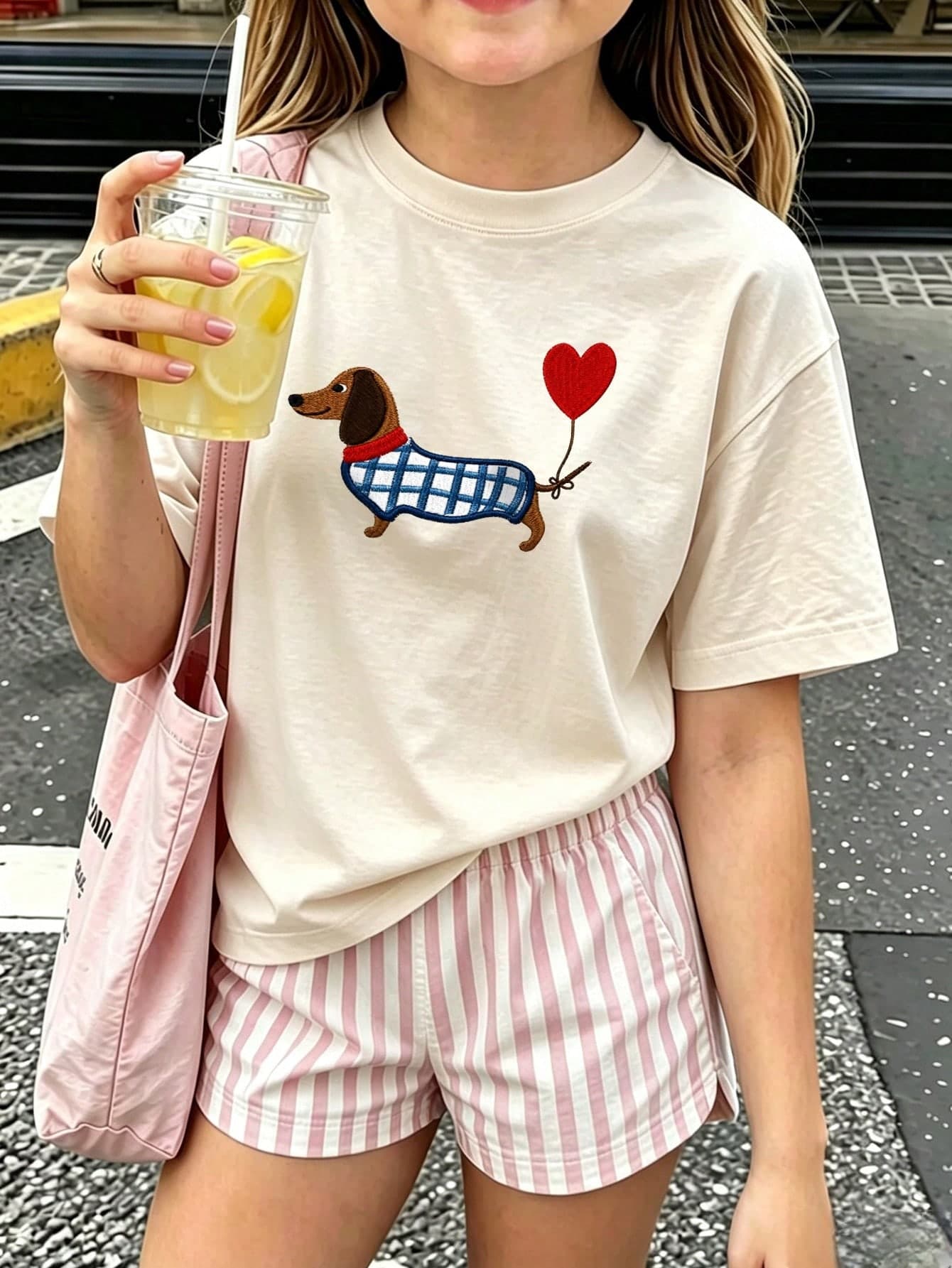 Big Girl Plaid Puppy Sausage Dog Embroidered Graphic Front Chest T-Shirt, Sweet Round Neck Loose Fit Top
