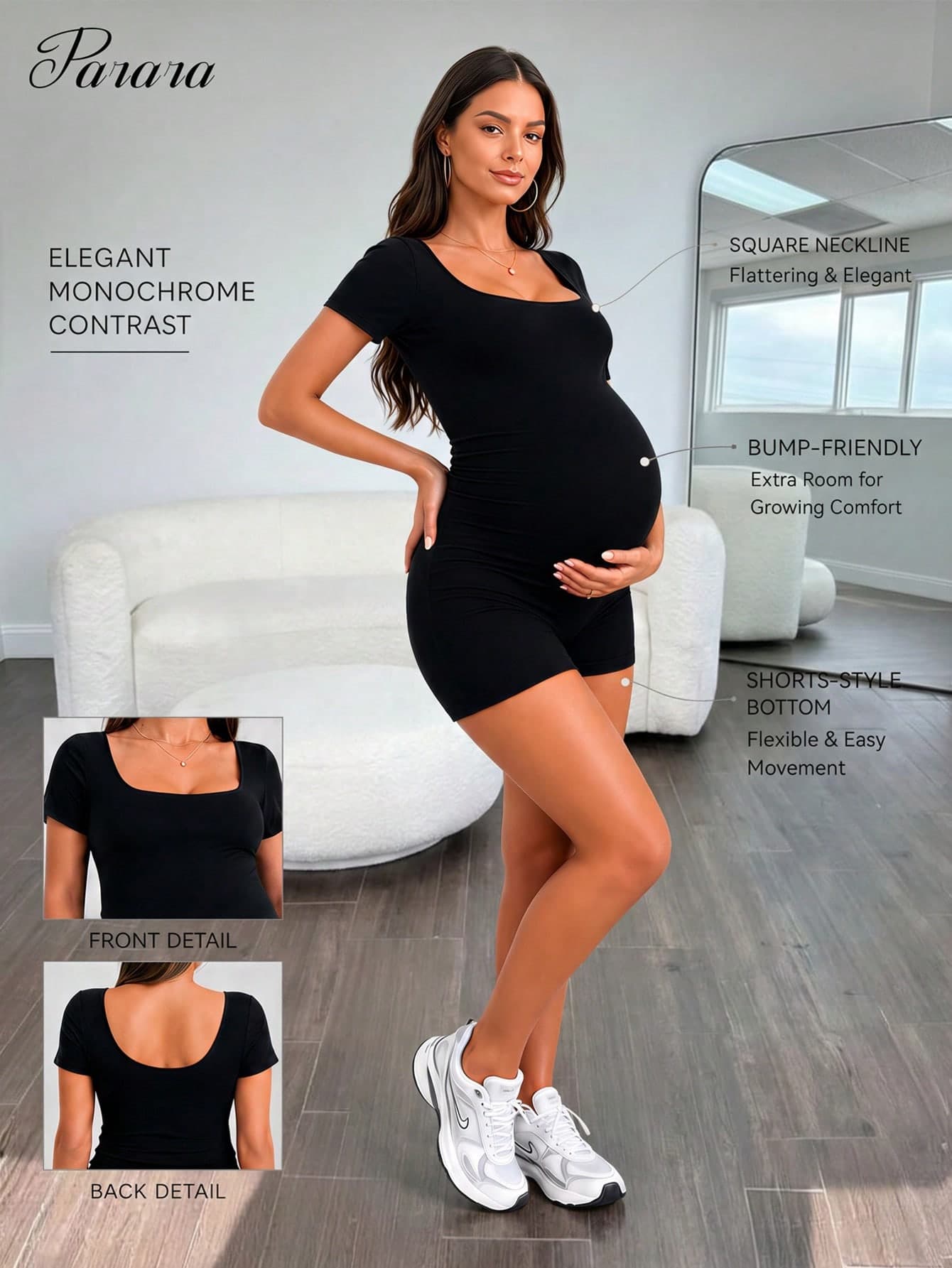 Parara Maternity Short Sleeve Jumpsuit, Tight Fit Casual All-Season Style, Inner Wear, Sporty Casual Style, Festival Outfits For Women Black Summer