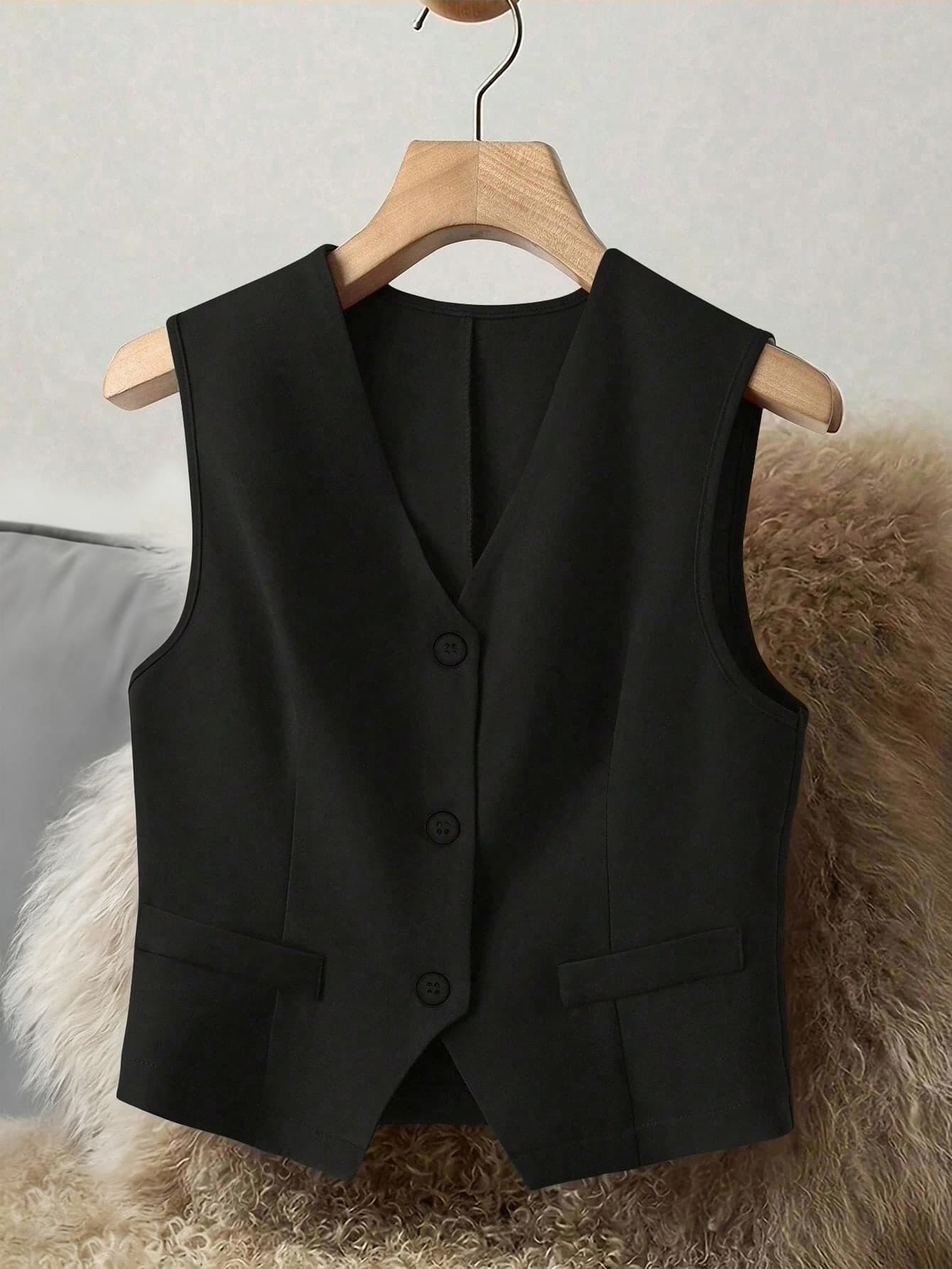 above the aurora Plus Size Women Elegant Sleeveless V-Neck Blazer Jacket, Fashionable Front Button Vest Coat, Suitable For All Seasons Black Summer