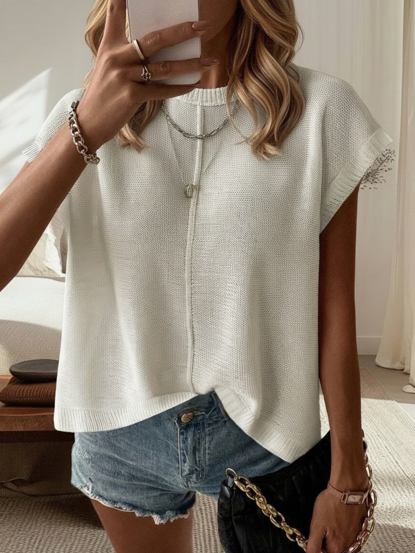 Elegant Women's Fashion White Loose Cropped Knit Vest - Casual Street Sleeveless Round Neck Shirt, Minimalist Retro Vintage Style, Suitable For Back To School Season, Autumn/Winter, Also Suitable For Christmas, Thanksgiving And New Year Occasions Vacation Beach Summer