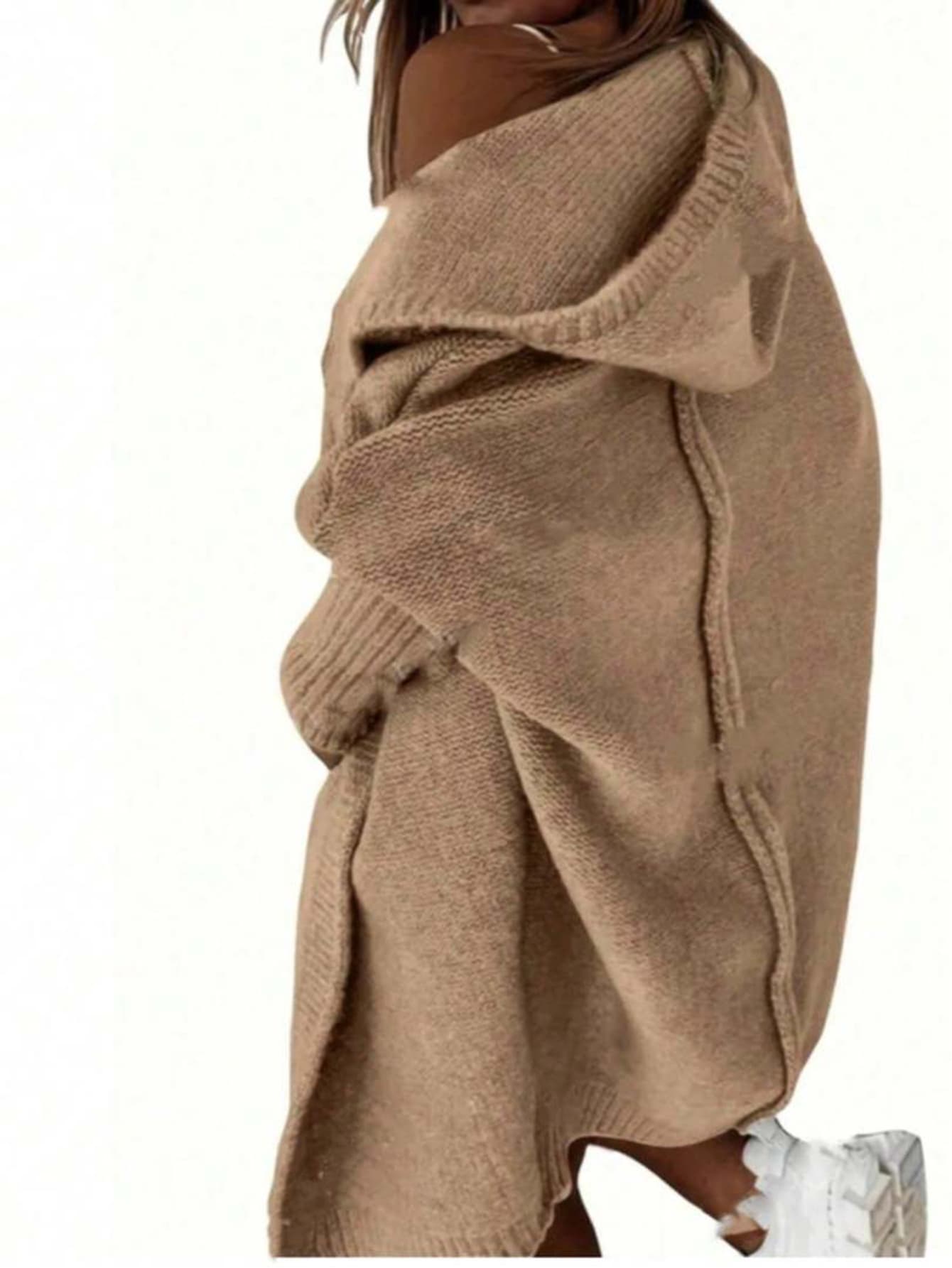 Fondi Long Sleeve Hooded Knit Cardigan, Women's Loose Knit Sweater For Autumn/Winter, Solid Color Sweater, Drop Shoulder, Plus Size Women's Clothing, Elegant & Fashionable, Everyday Wear, Women's All-Season Jacket