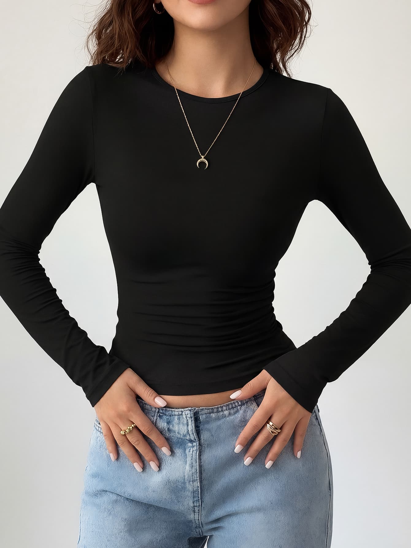 Women's Casual Slim Fit Round Neck Long Sleeve T-Shirt Black Spring