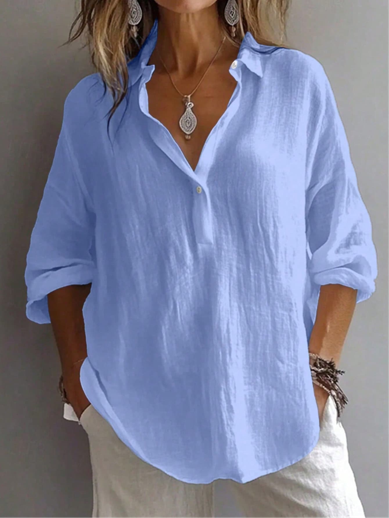 Plus Size Women's Solid Color Casual Long Sleeve Shirt, Bishop Sleeve, Regular Fit Blouse, Daily Button-Up Spring