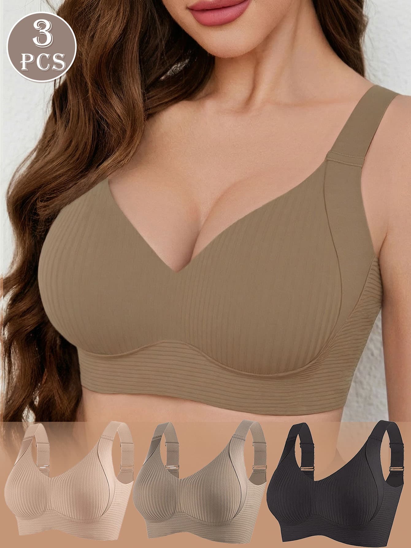 3pcs/Set Women's Seamless Push-Up Bra, Wire-Free Tank Top Style Basic Bra, Yoga Sports Bra, Ribbed Wire-Free Bralette