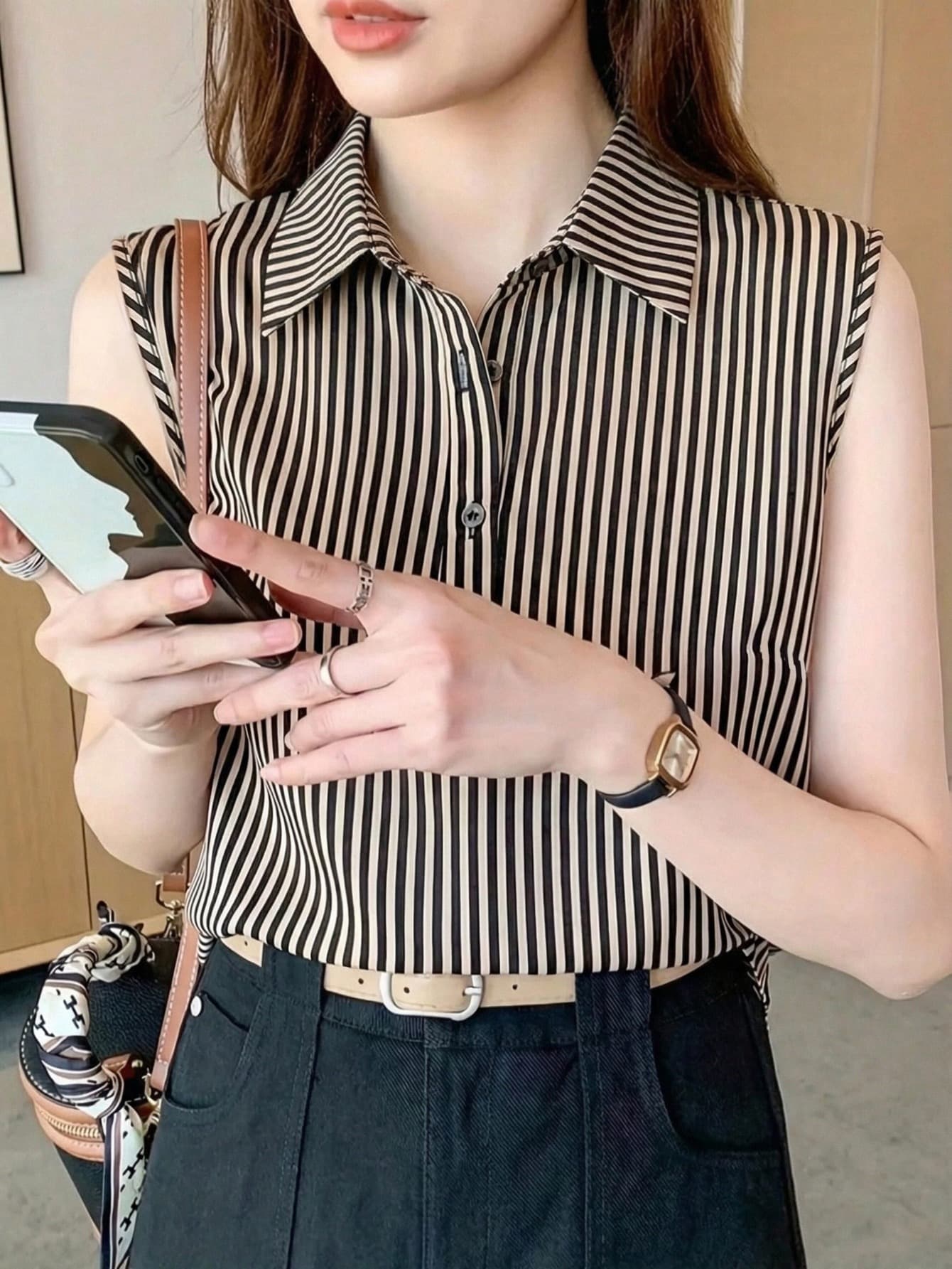 Women's Black And Beige Vertical Striped Sleeveless Collared Blouse, Contrast Trim Button Front Shirt, Business Casual Office Work Summer Vacation Top
