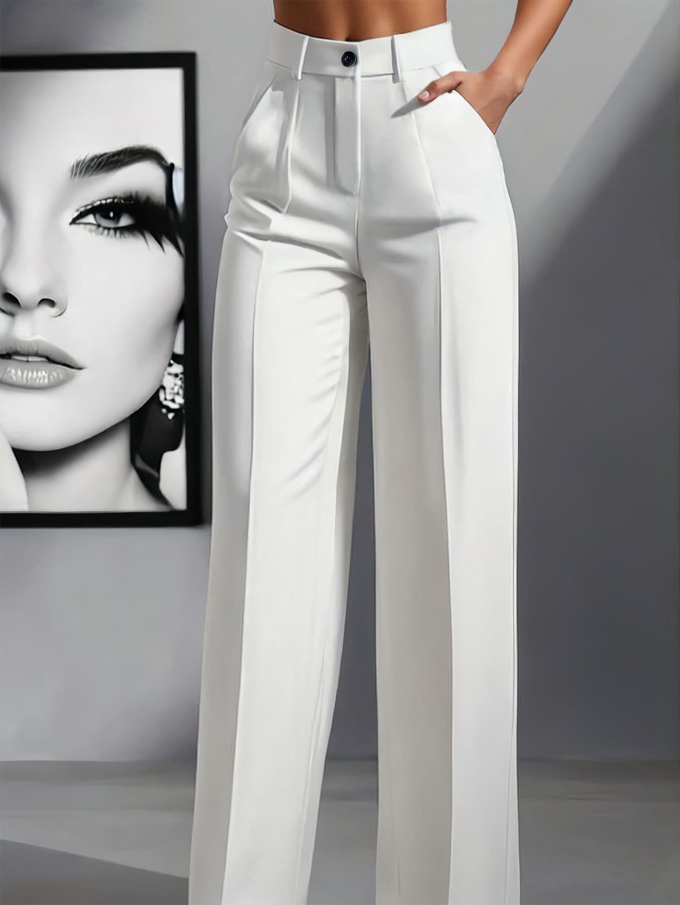 Women's Elegant High Waist Pleated Wide Leg Trousers Casual Office Commuting Drapey Suit Pants With Pockets White