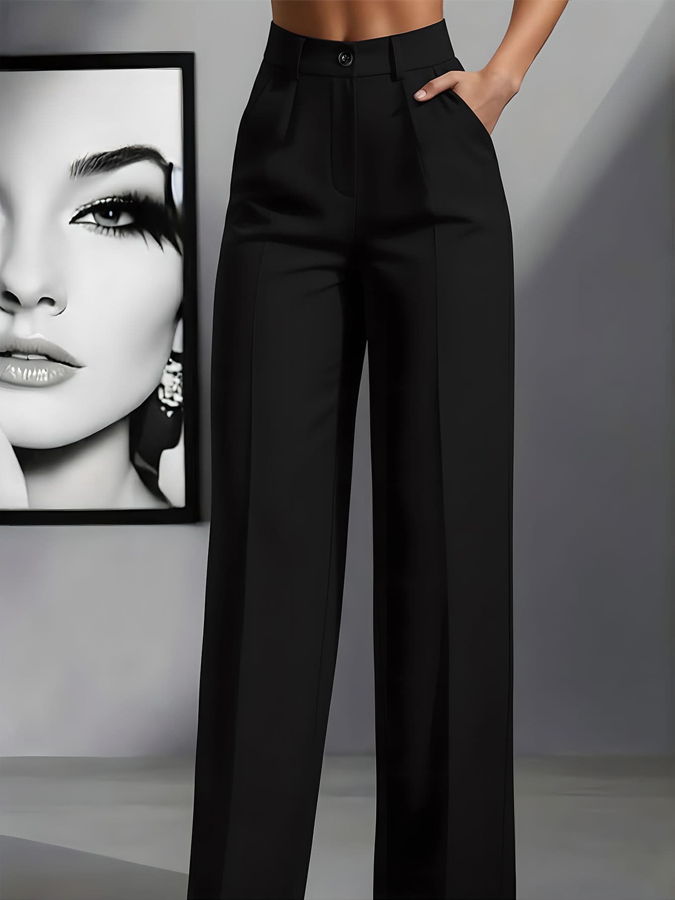 Women's Elegant High Waist Pleated Wide Leg Trousers Casual Office Commuting Drapey Suit Pants With Pockets Black