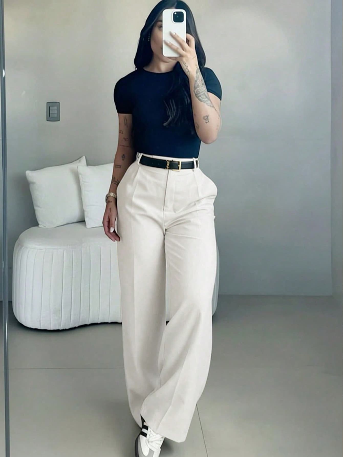 Women's High Waist Slim Fit Wide Leg Pants, Bohemian Street Style, Suitable For Casual, Work Commute And Vacation In Spring/Summer White