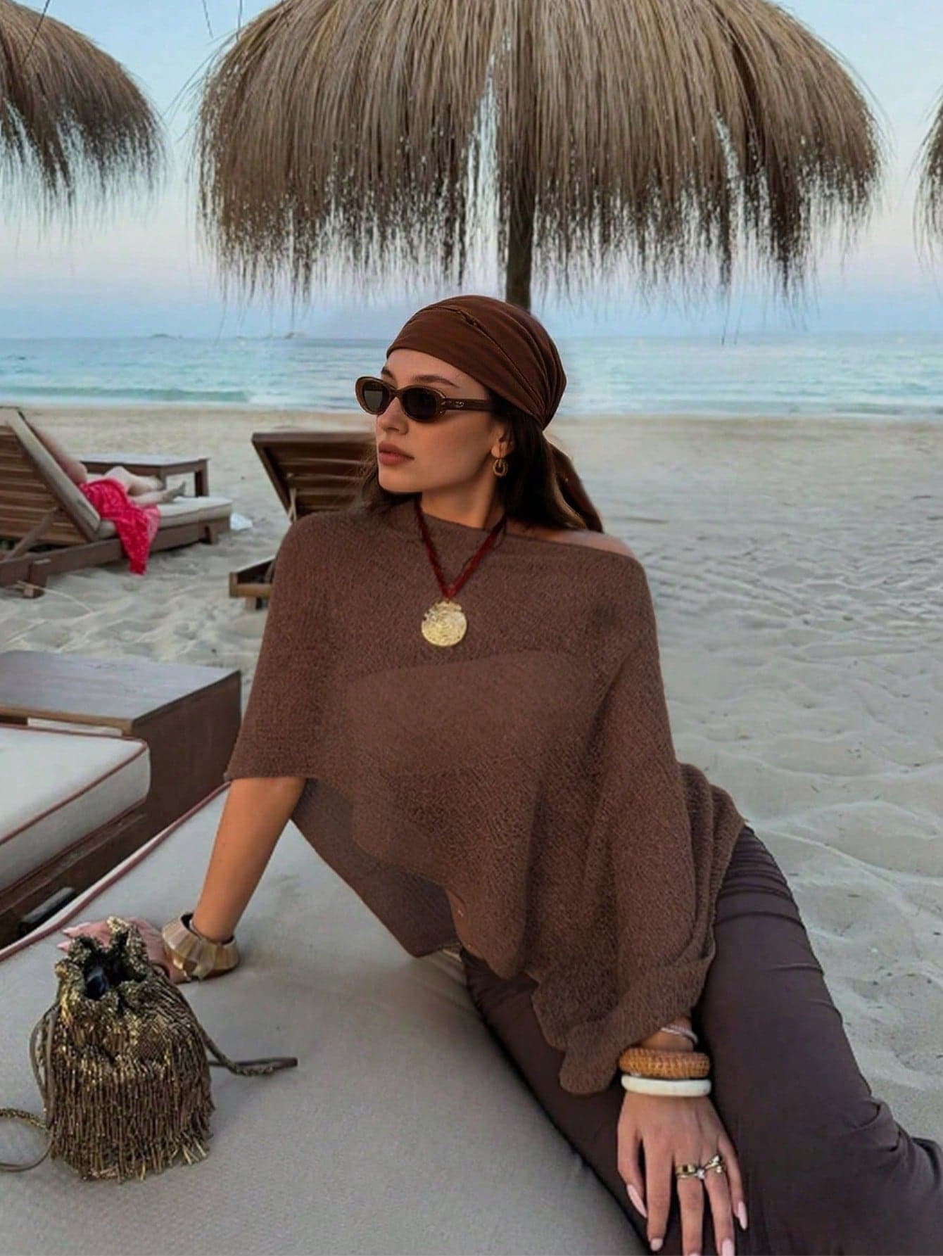Women's Y2K Style Brown Knit Open Shoulder Top, Comfortable Loose Fit, Bohemian Sexy Beach Vacation Wear Summer