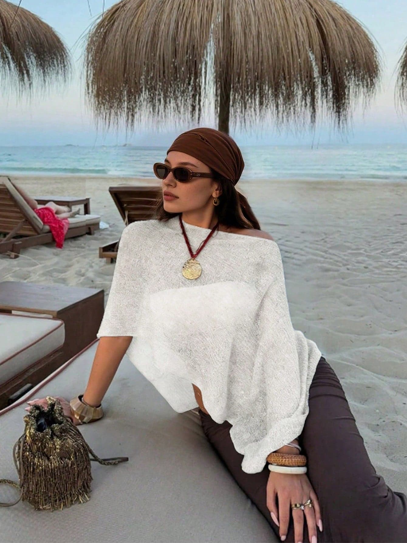 Women's Y2K White Knit Off-Shoulder Top, Textured Loose Fit, Bohemian Sexy Beachwear, Suitable For Summer Vacation