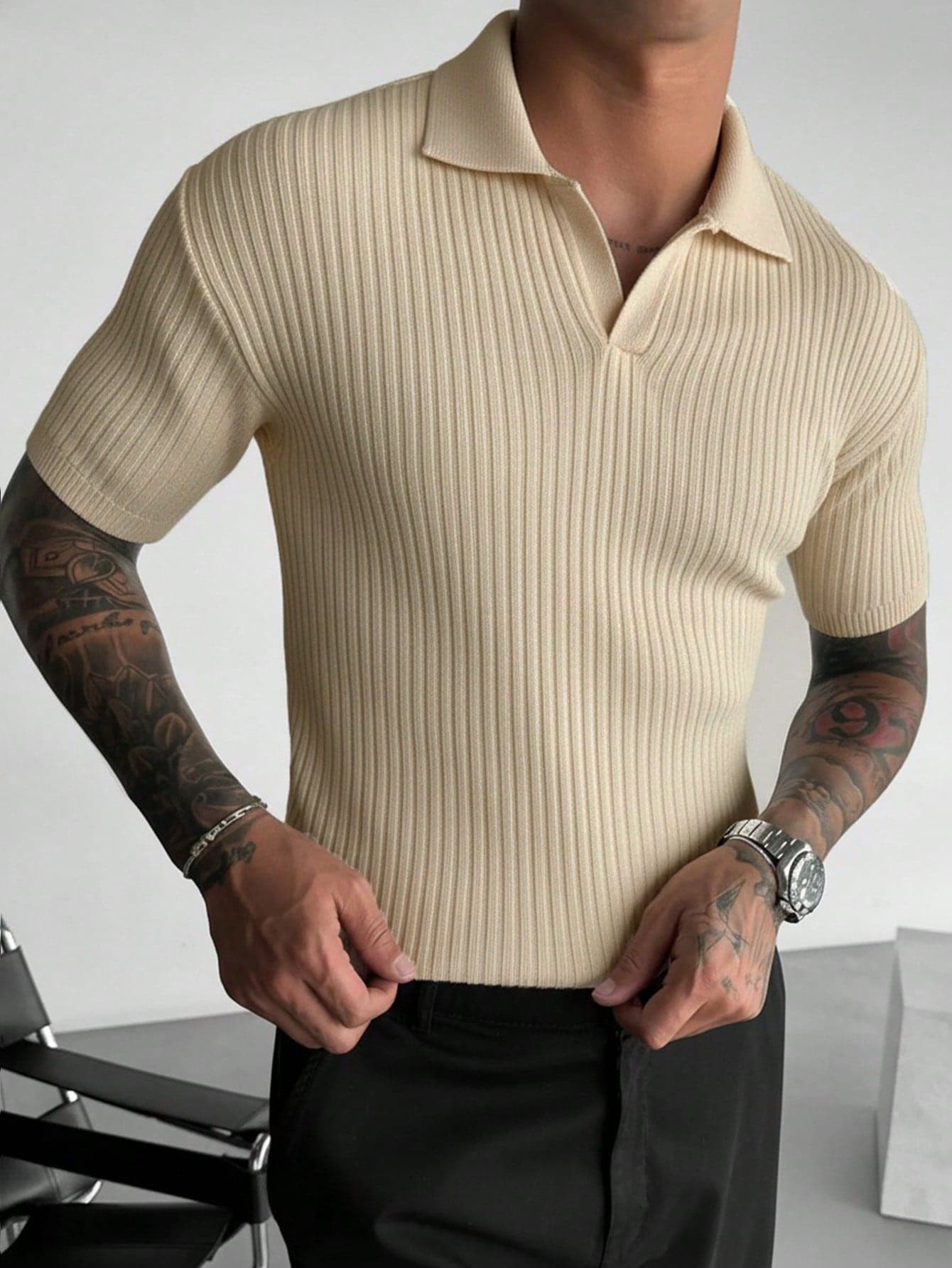 Men's Short Sleeve Knit Sweater, Casual Striped Polo Collar Pullover Knitwear Top, Spring/Autumn