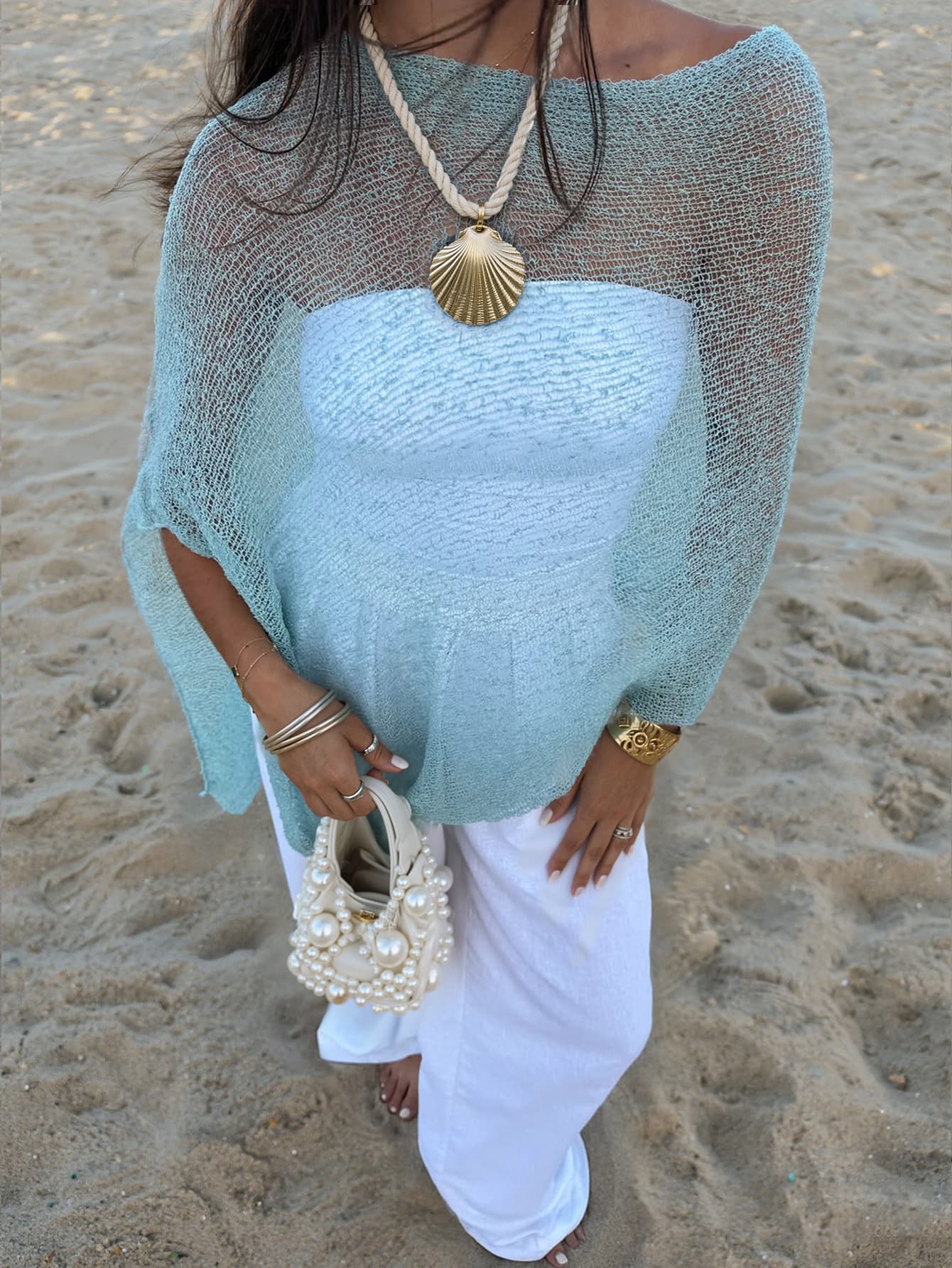 FOR BEAUTY Summer Y2K Women's Blue Solid Color Sun Protection Shawl, Front Tie Beach Cover-Up, Bohemian Style Vacation Resort Casual Fashion Top