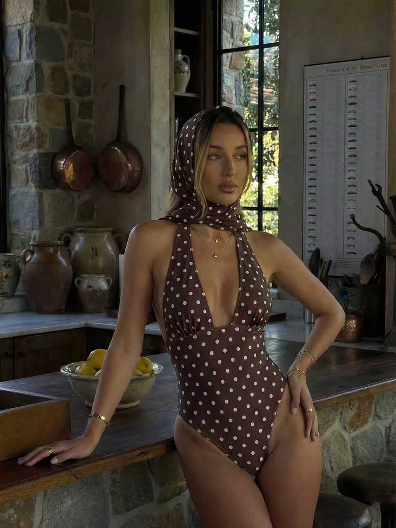 Women's Sexy Polka Dot Twist Asymmetrical Backless Chiffon Two Pieces Swimsuit, One-Piece Swimsuit For Beach Vacation, Summer