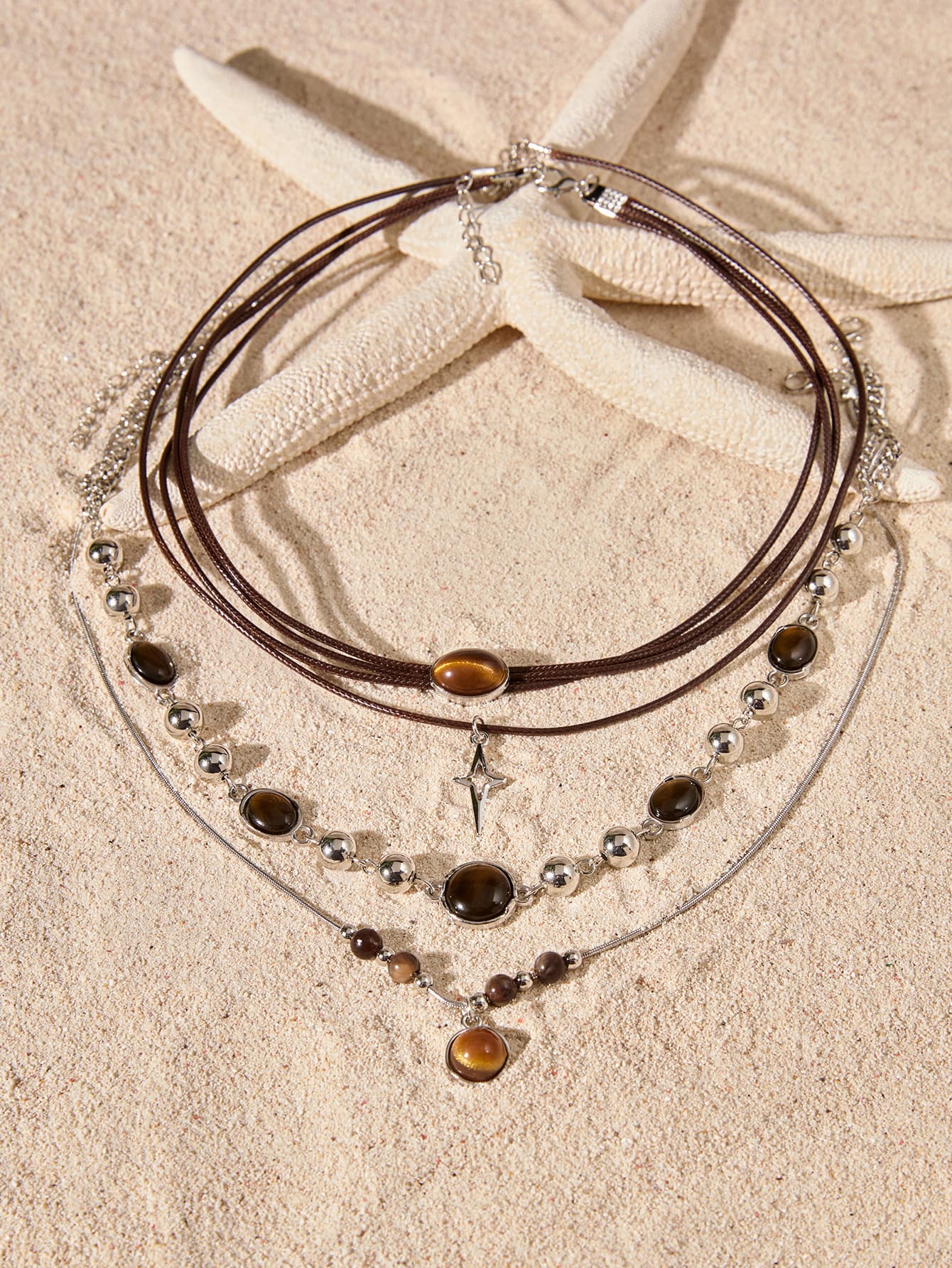 Tropiscape Vintage Leather Brown Stone Pendant Necklace Stacking Choker Temperament Clavicle Chain For Women Girl Autumn Winter Necklace Cottagecore,SummerOutfit