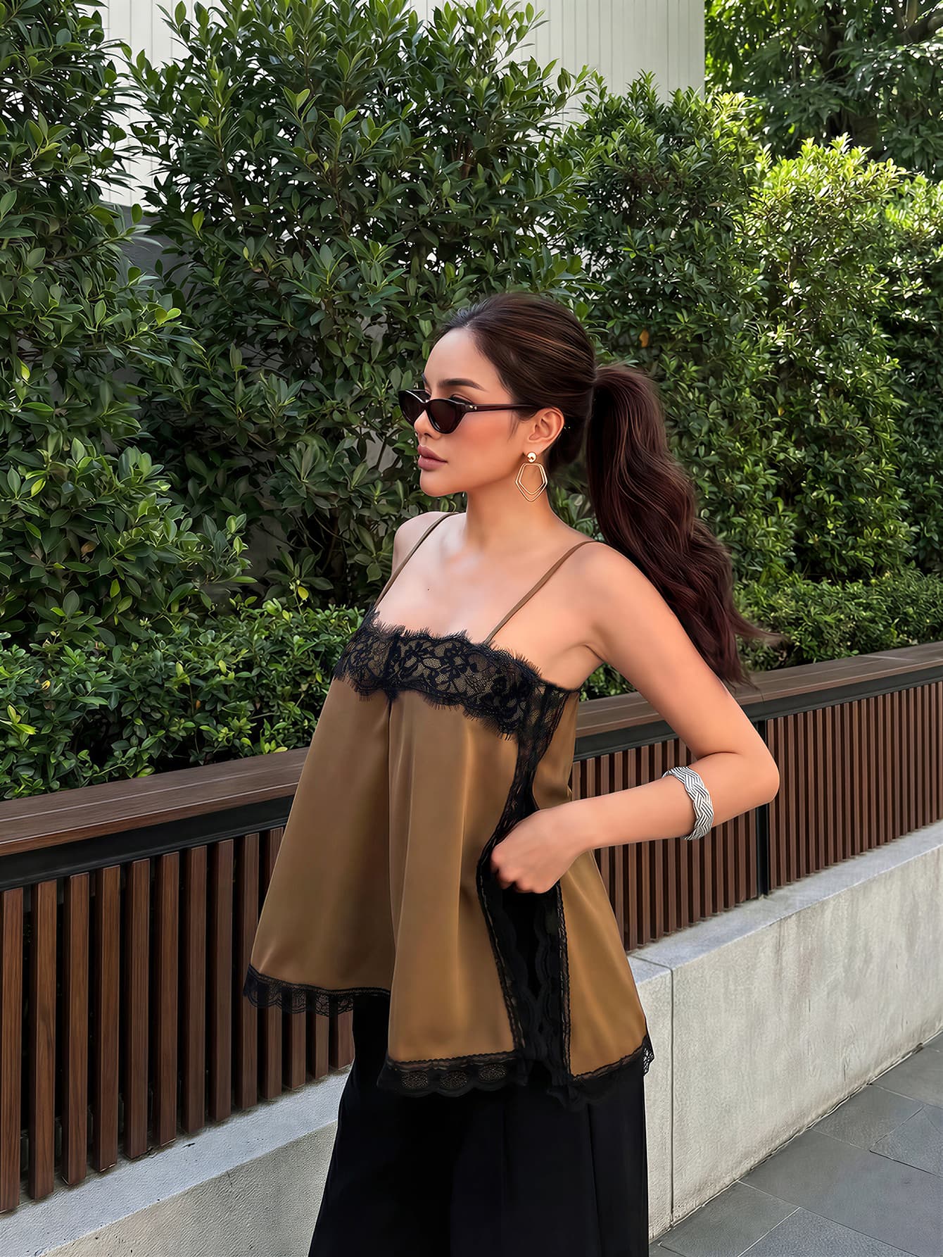 Women's Satin Lace Trim Spaghetti Strap Cami Top - Alluring Side Slit Khaki Summer Camisole Casual