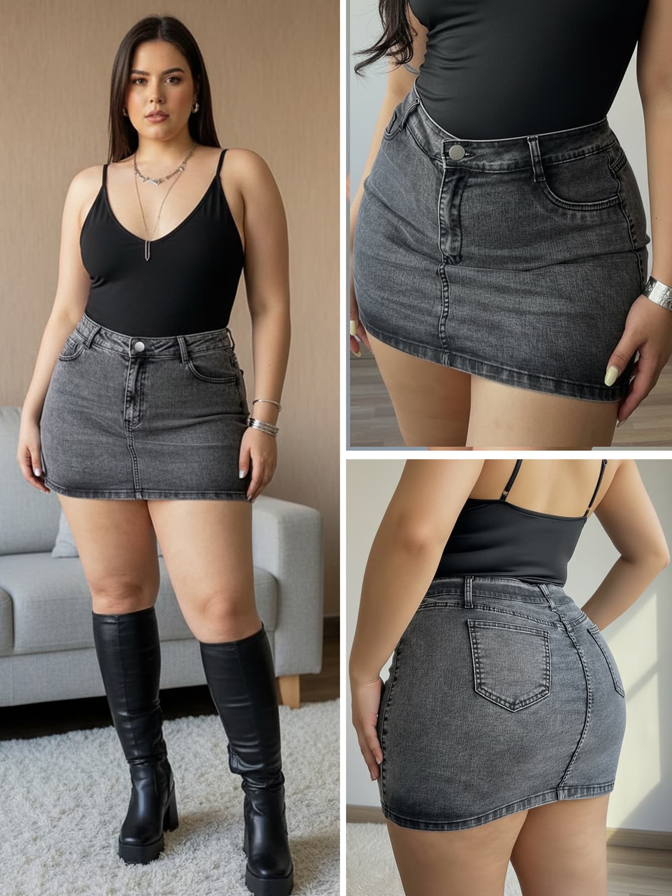 Plus Size Black Skinny Denim Mini Skirt With Button And Zipper Design, High Stretch Fitted Cut, Suitable For Women Summer