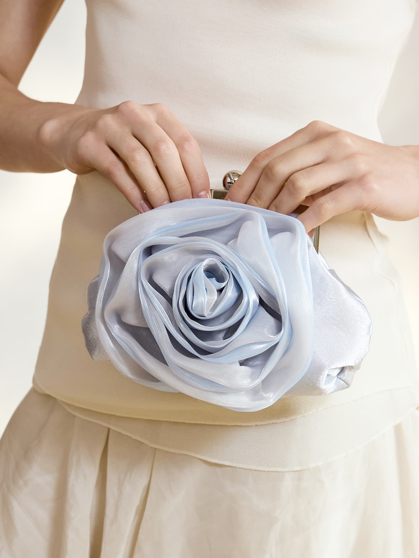 Clariva Elegant Women's Rose Flower Evening Clutch Bag, White, For Formal Occasions, Parties, Wedding, Dress-Up, With Chain Strap, Bride Handbag Valentines