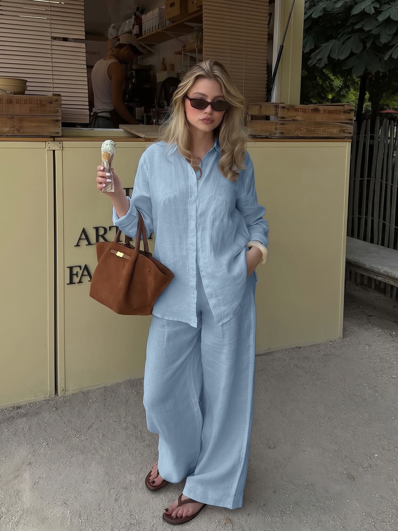 Old Money Style Women's Transparent Solid Color Elegant Clothing Suitable For Summer And Holidays, Light Blue Linen Blend Two Pieces Casual Summer Set, Resort Wear