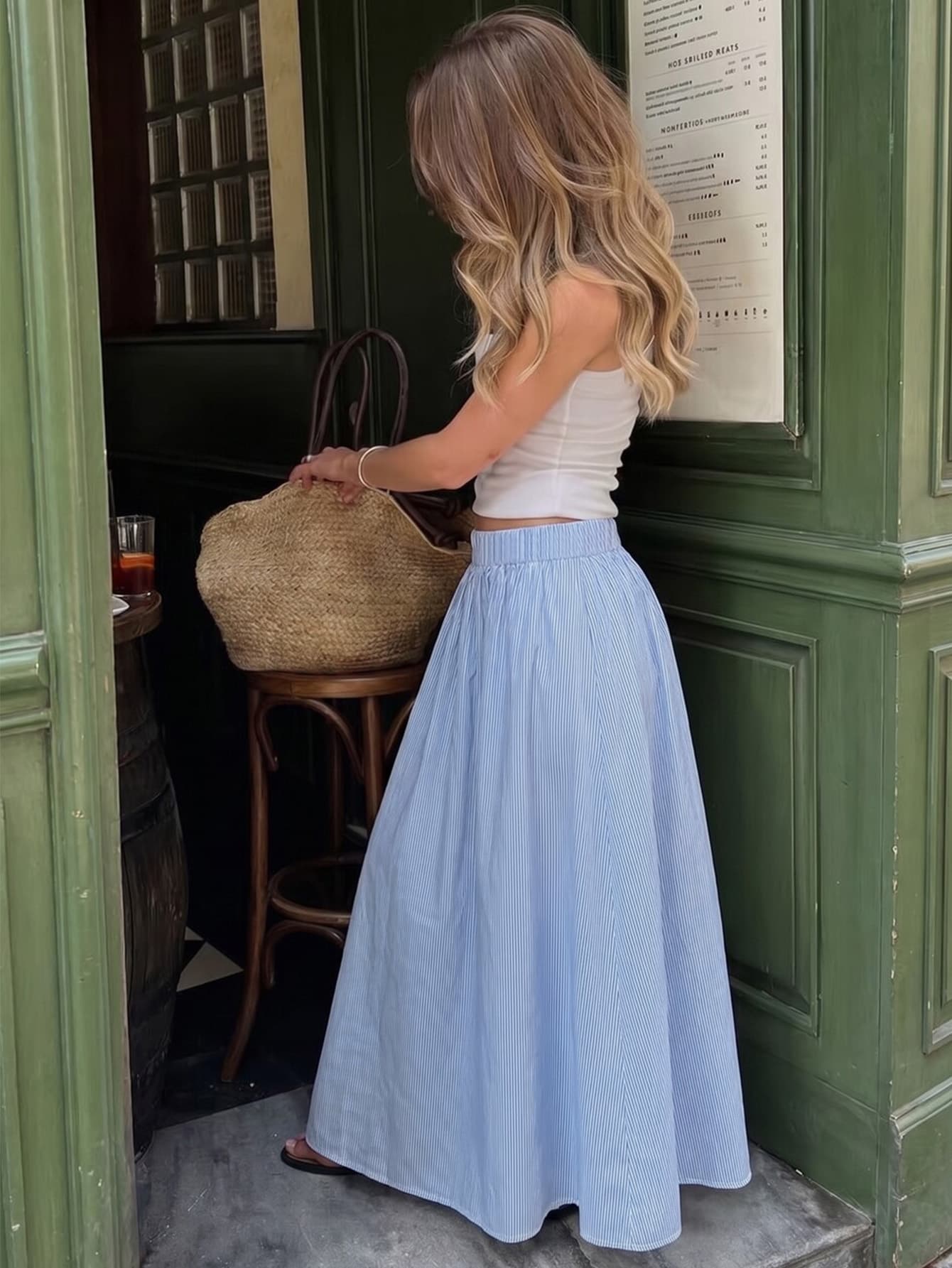 Romantic Elegant Vacation Women's Blue And White Striped Skirt, Summer Casual Holiday Outfit, Versatile Daily Skirt, Women's Beach Outfit, Women's Graduation Dress, Spring, Summer, Autumn And Winter For Women, Outing Outfit, Summer, Festival, June Festival, Outing Outfit Skirt, Beach Vacation, Holiday Outing Outfit, Striped, Women's Festival Outfit, Women's Skirt