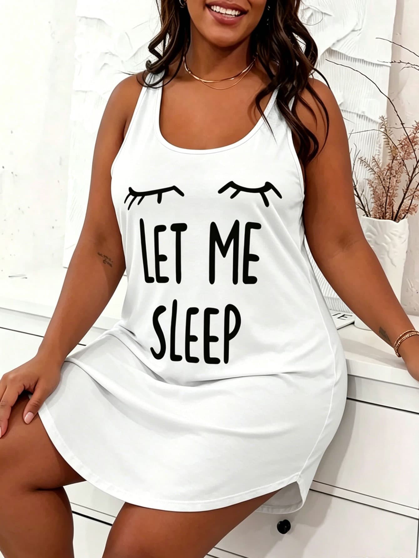 Summer Women's Plus Size Casual Loungewear Nightgown, Plus Size Eyelash And Letter Print Racerback Tank Top Pajamas
